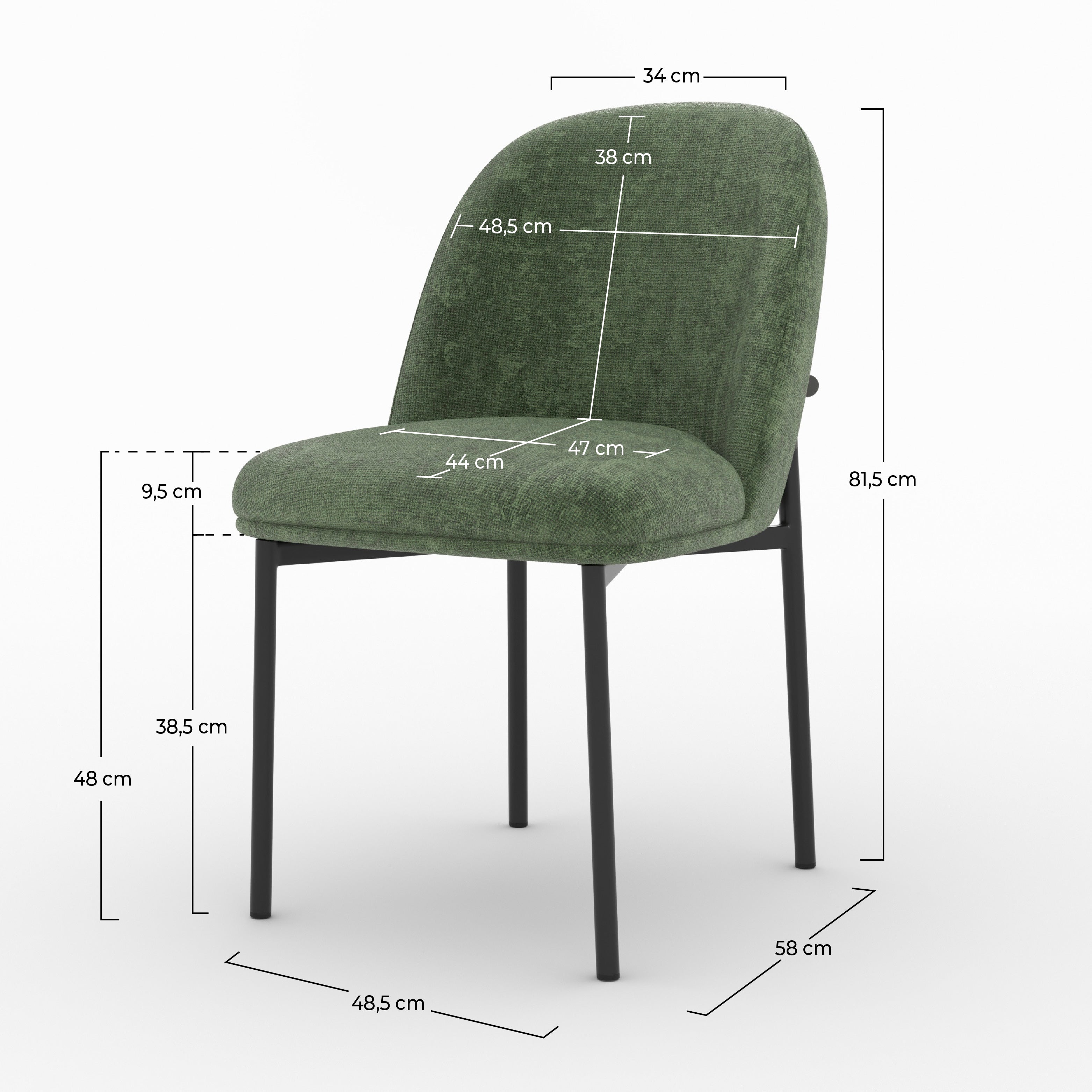 Dimensions de la chaise Noah en tissu vert sapin et pieds en métal noir - Maison Pavane
