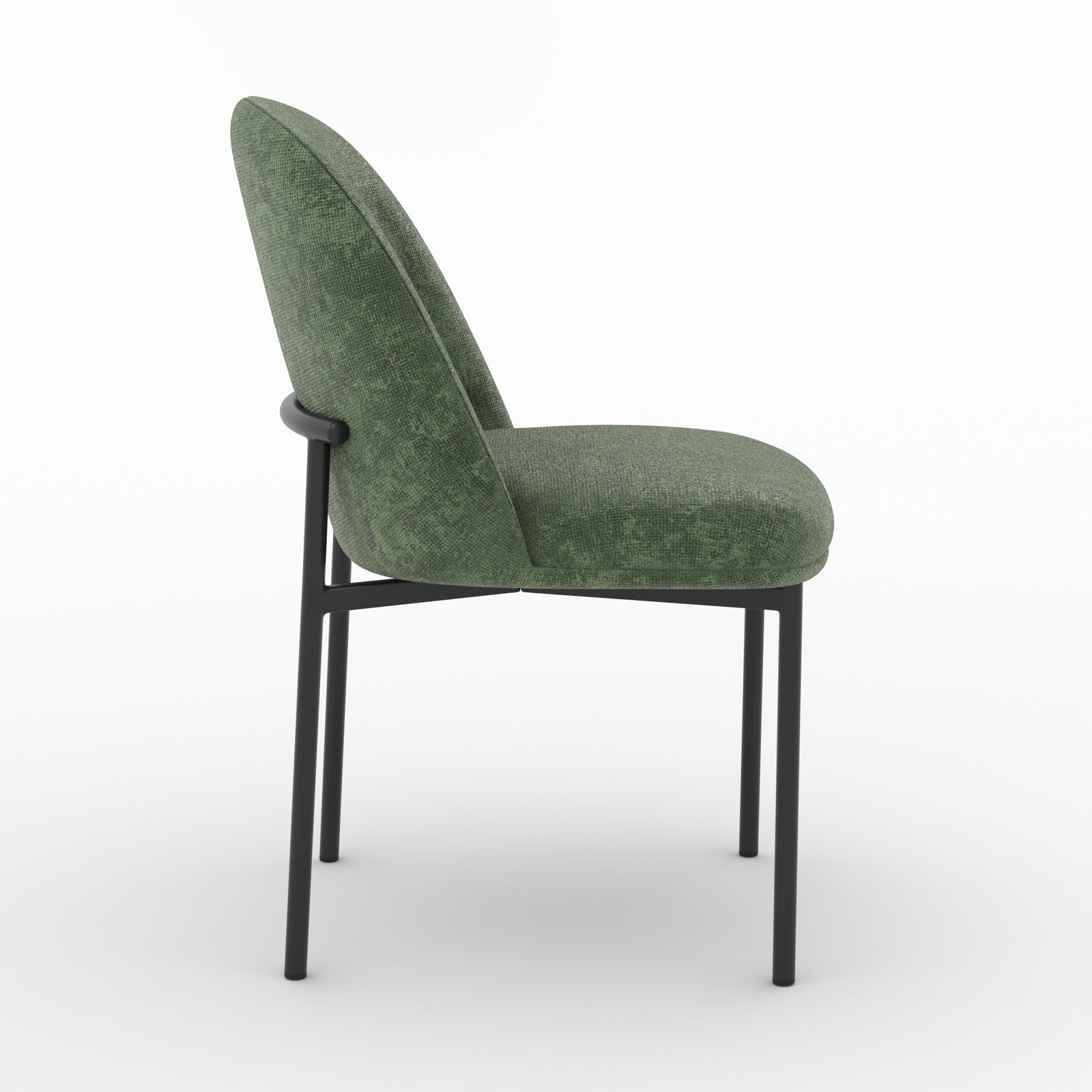 Chaise Noah en tissu vert sapin et pieds en métal noir, vue de profil - Maison Pavane
