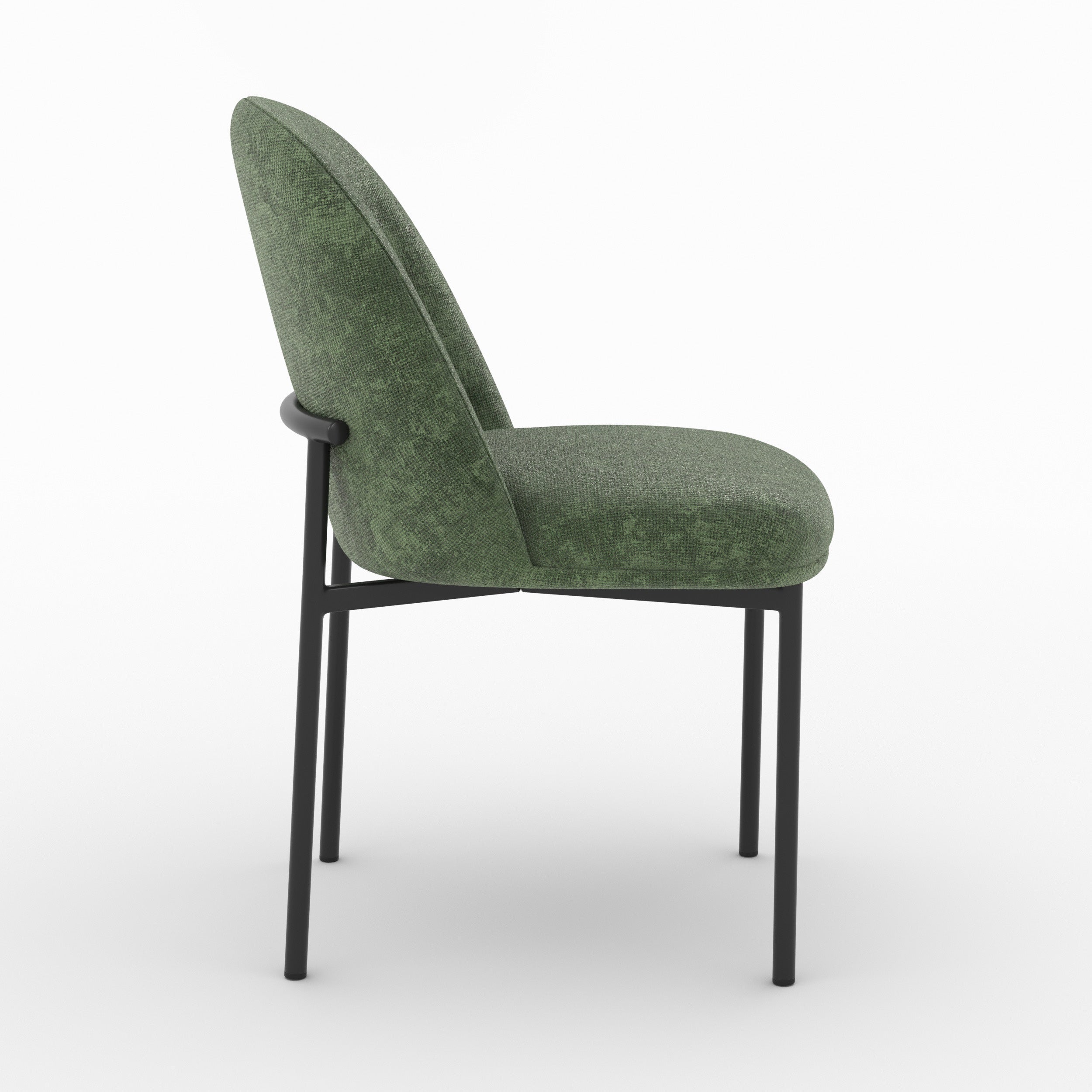 Chaise Noah en tissu vert sapin et pieds en métal noir, vue de profil - Maison Pavane