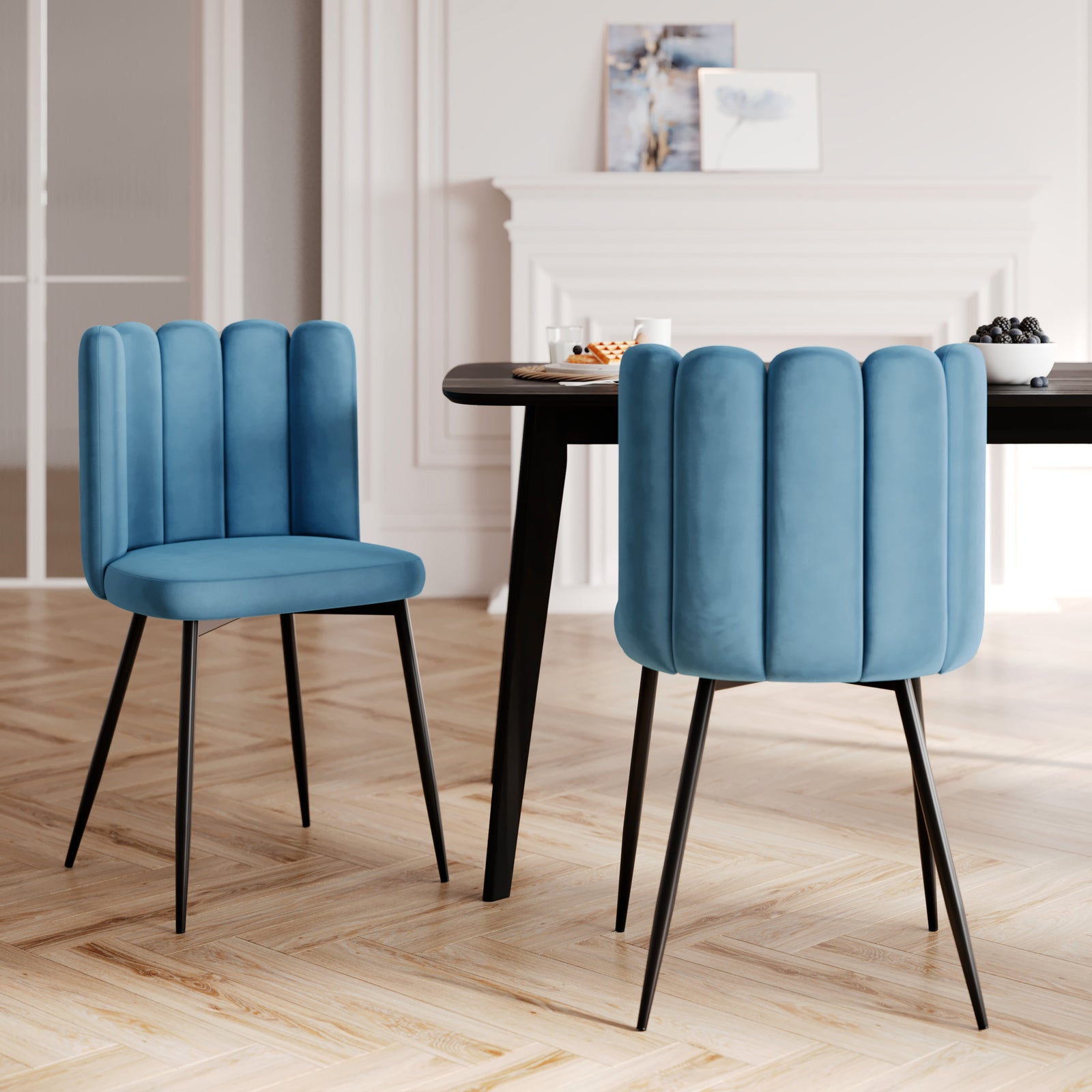 chaise rosy velours bleu lot de 2 pieds noirs