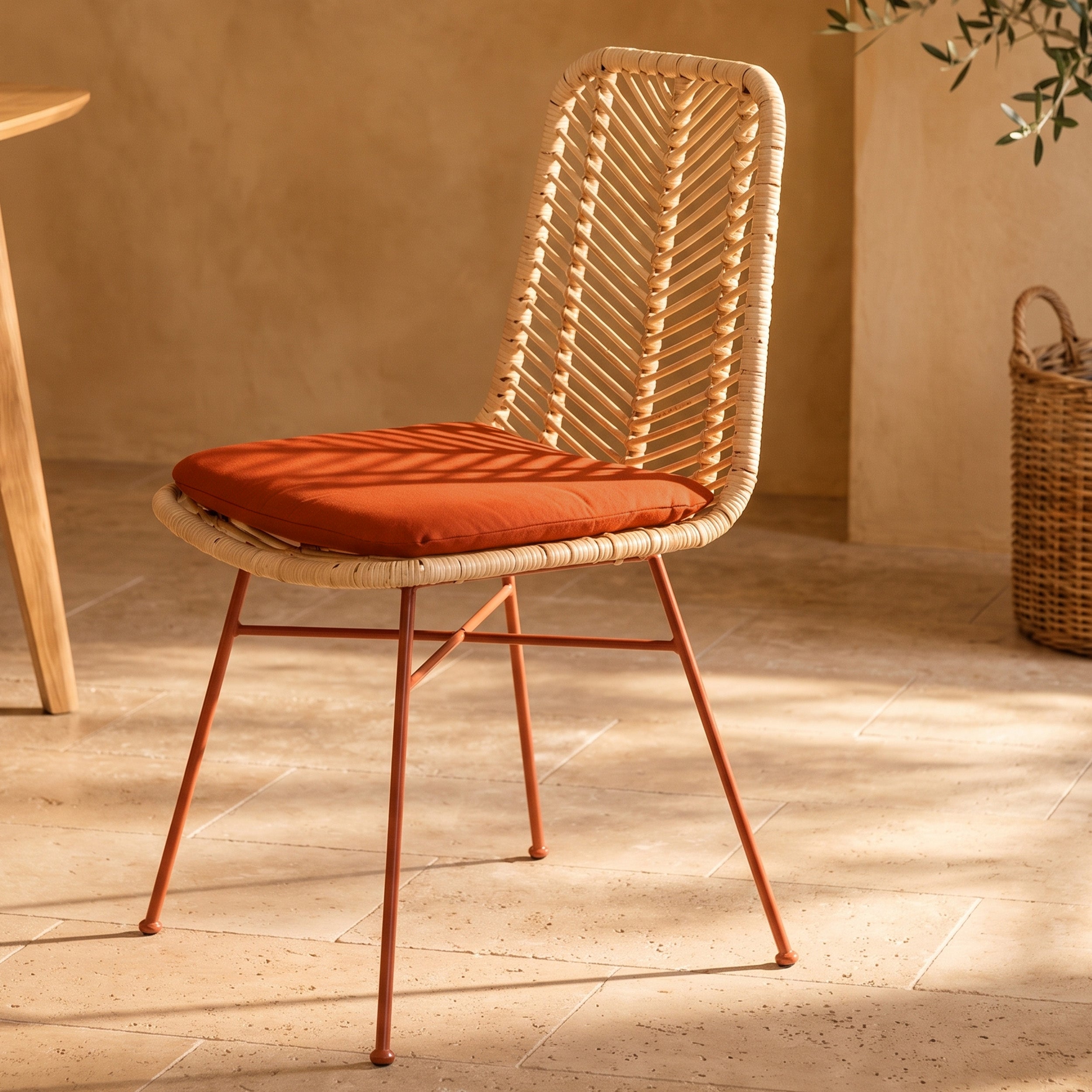 Lot de 2 chaises Tamara en rotin et tissu orange vermillon