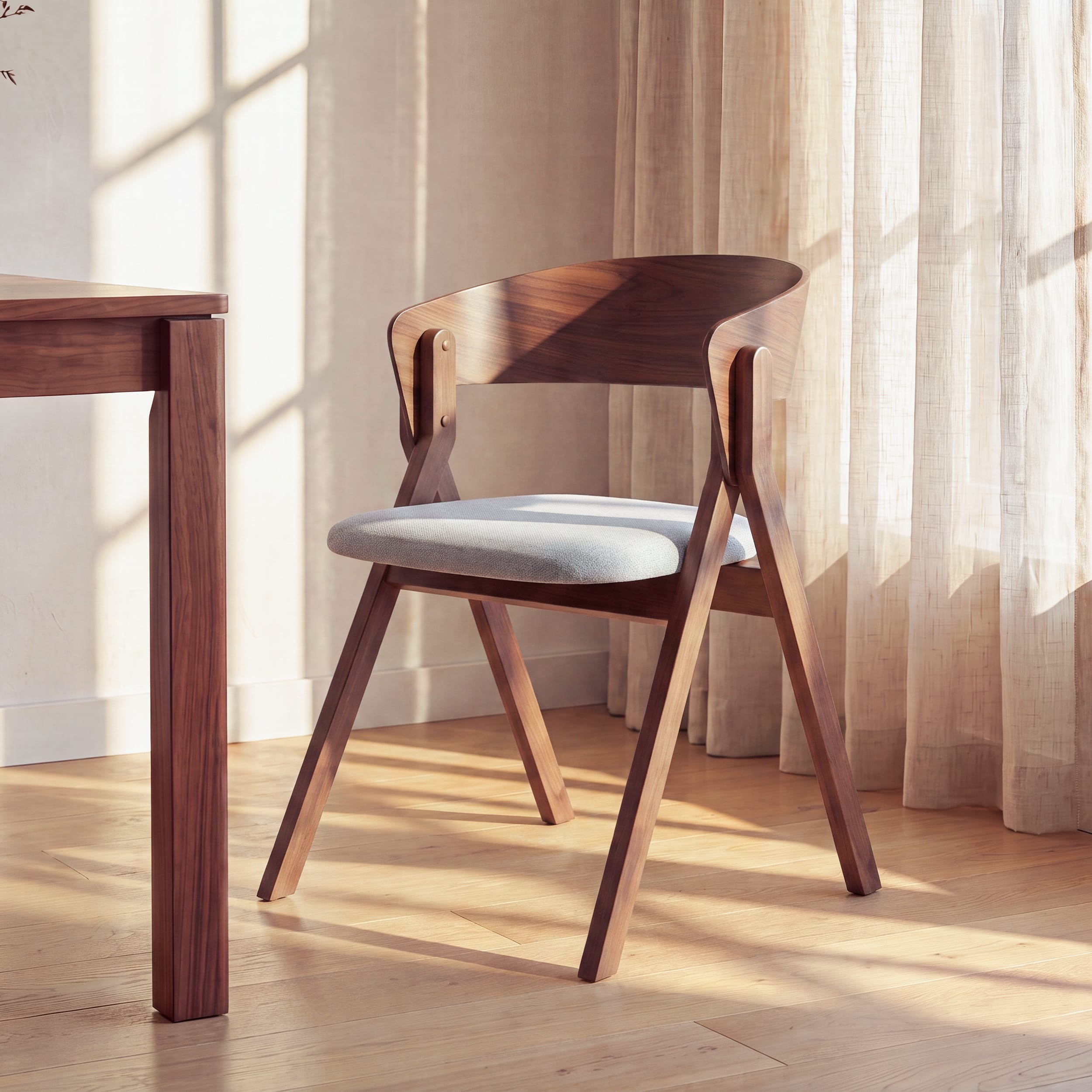Chaise salle à manger en bois de noyer, assise tissu gris, style scandinave, lumière naturelle – Maison Pavane