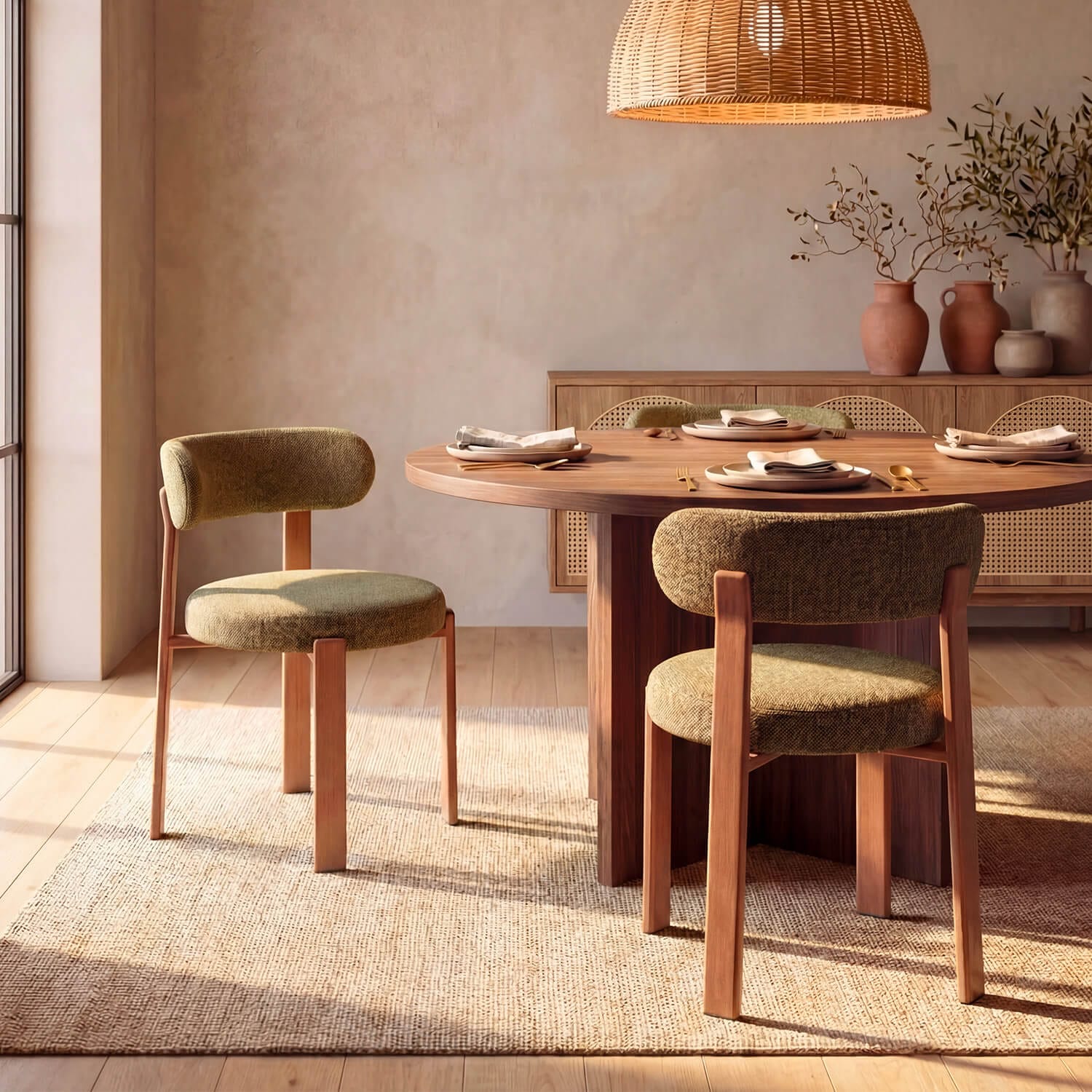 Chaises salle à manger en bouclé vert olive et bois, table ronde, ambiance naturelle lumineuse – Maison Pavane