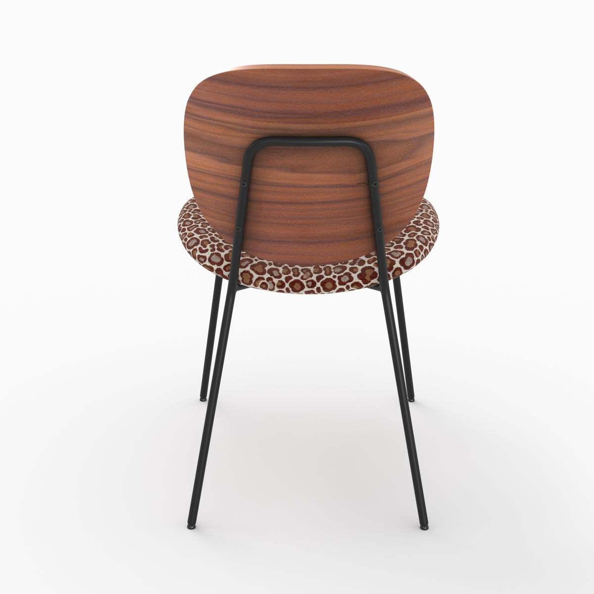 Chaise Simone en tissu léopard bordeaux et bois, pieds en métal noir, vue de dos - Maison Pavane