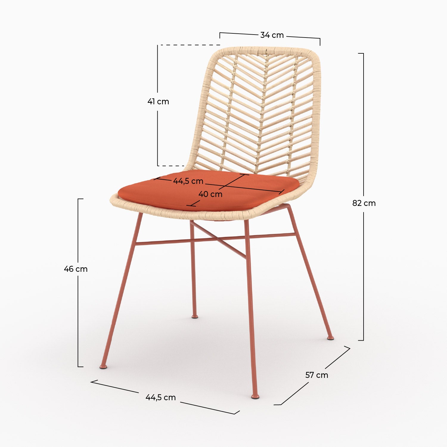 Dimensions de la chaise Tamara en rotin et tissu orange vermillon - Maison Pavane