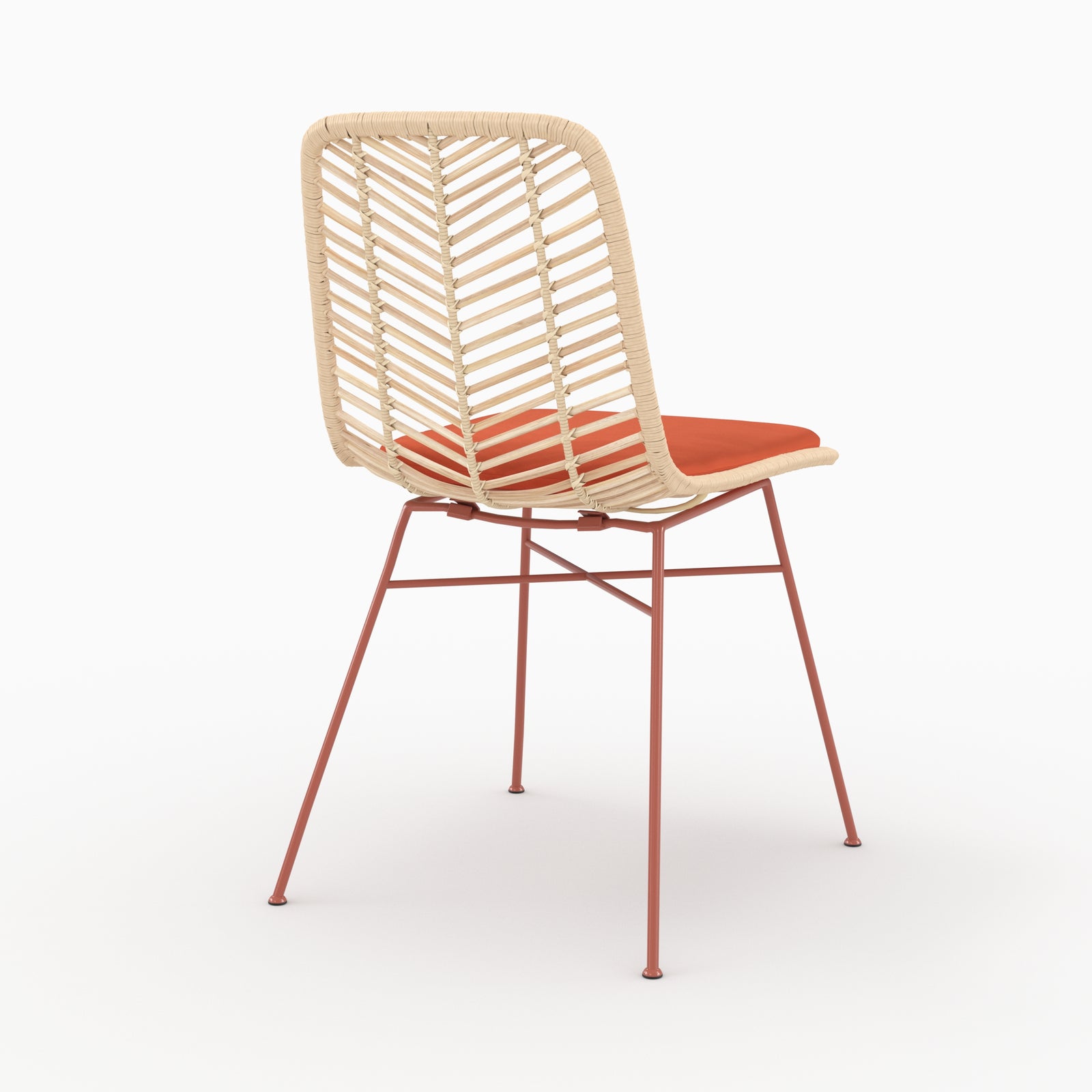 Chaise Tamara en rotin et tissu orange vermillon, vue de trois quarts arrière - Maison Pavane