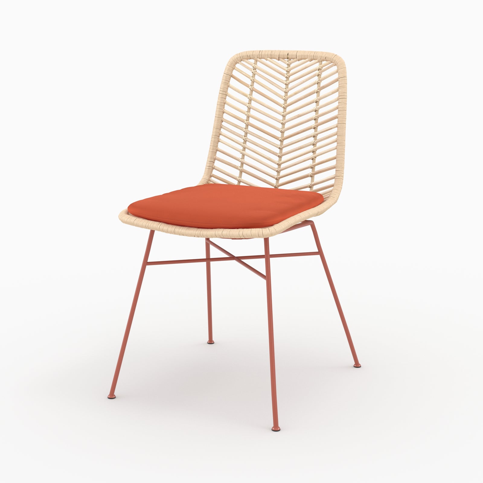 Chaise Tamara en rotin et tissu orange vermillon, vue de trois quarts - Maison Pavane