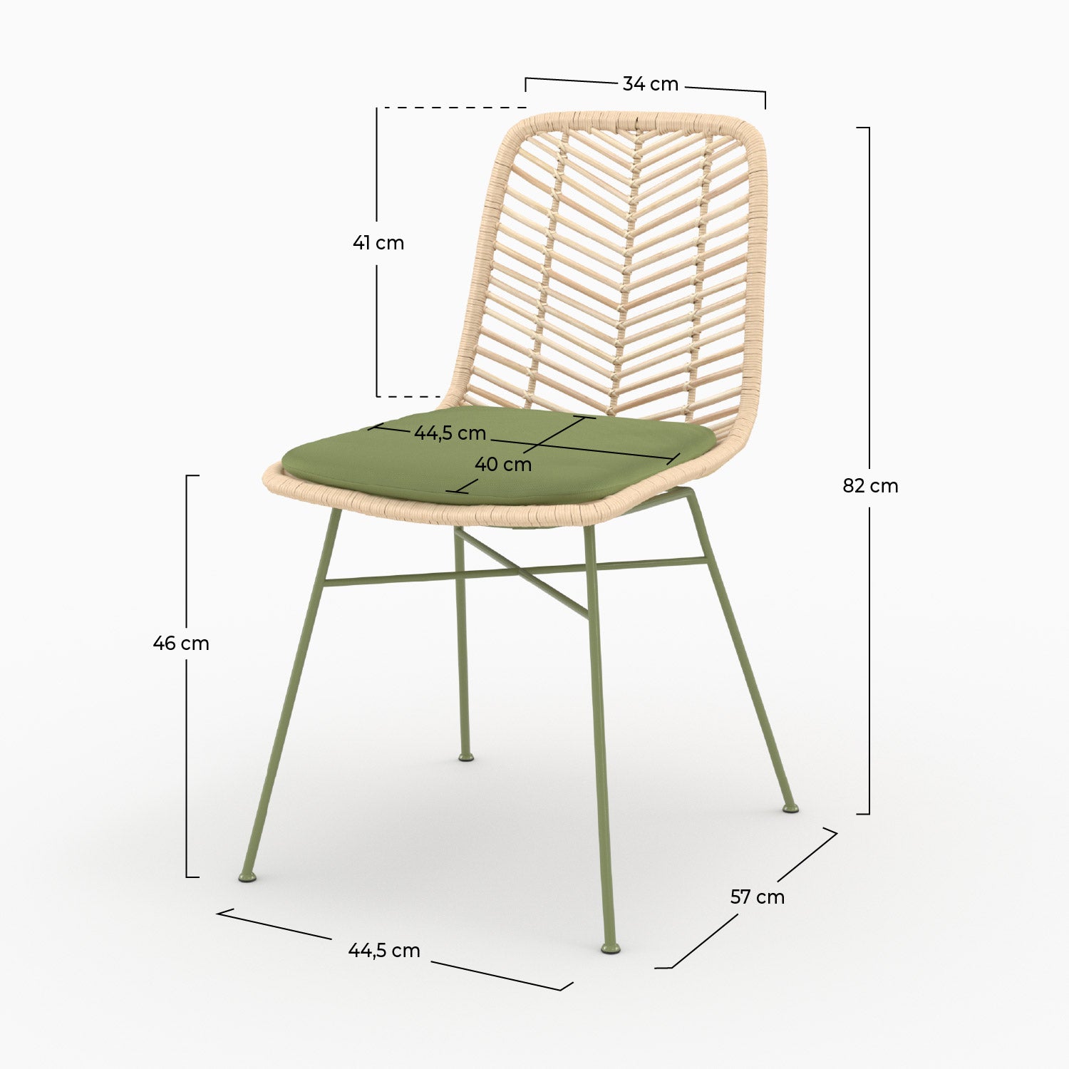 Dimensions de la chaise Tamara en rotin et tissu vert olive - Maison Pavane