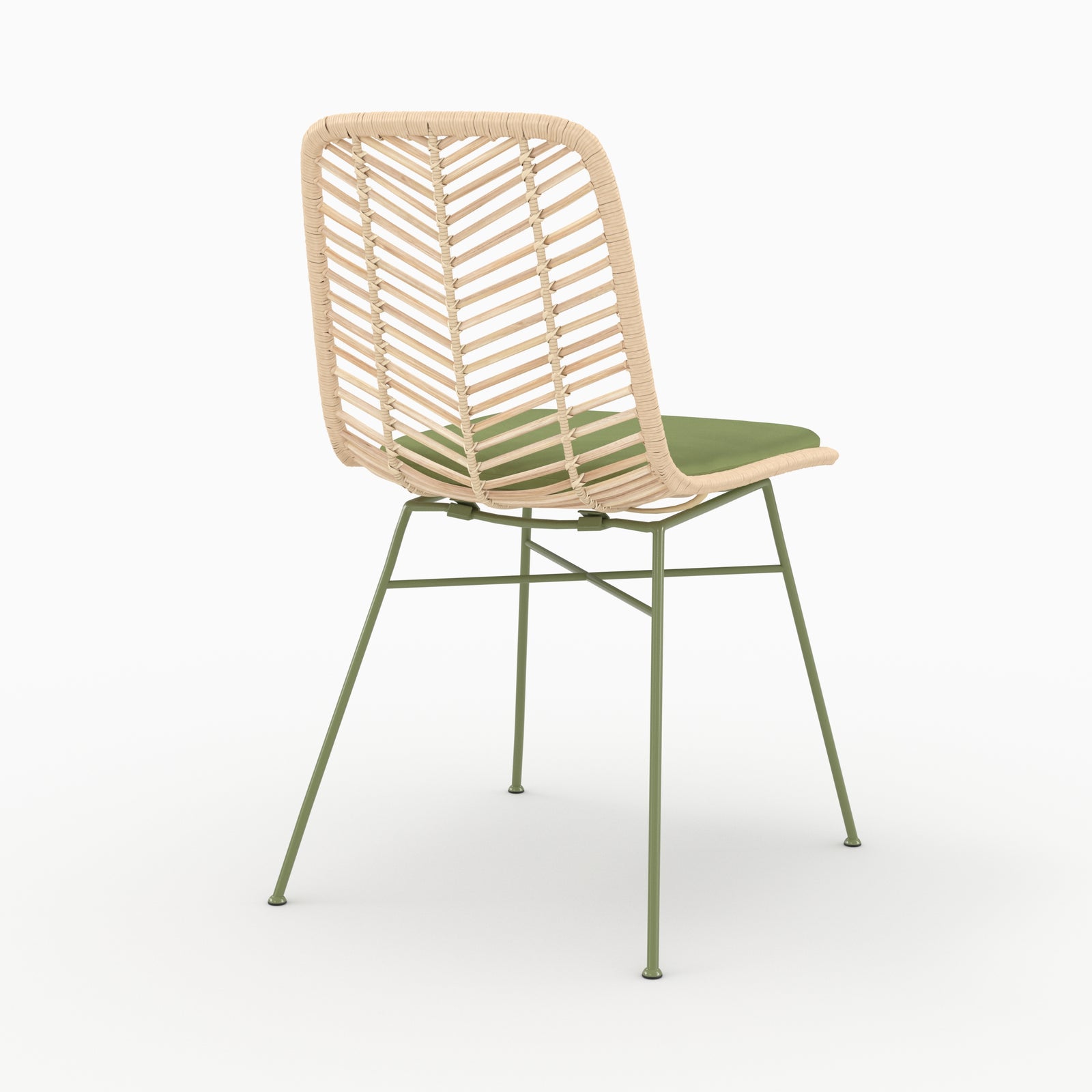 Chaise Tamara en rotin et tissu vert olive, vue de trois quarts arrière - Maison Pavane