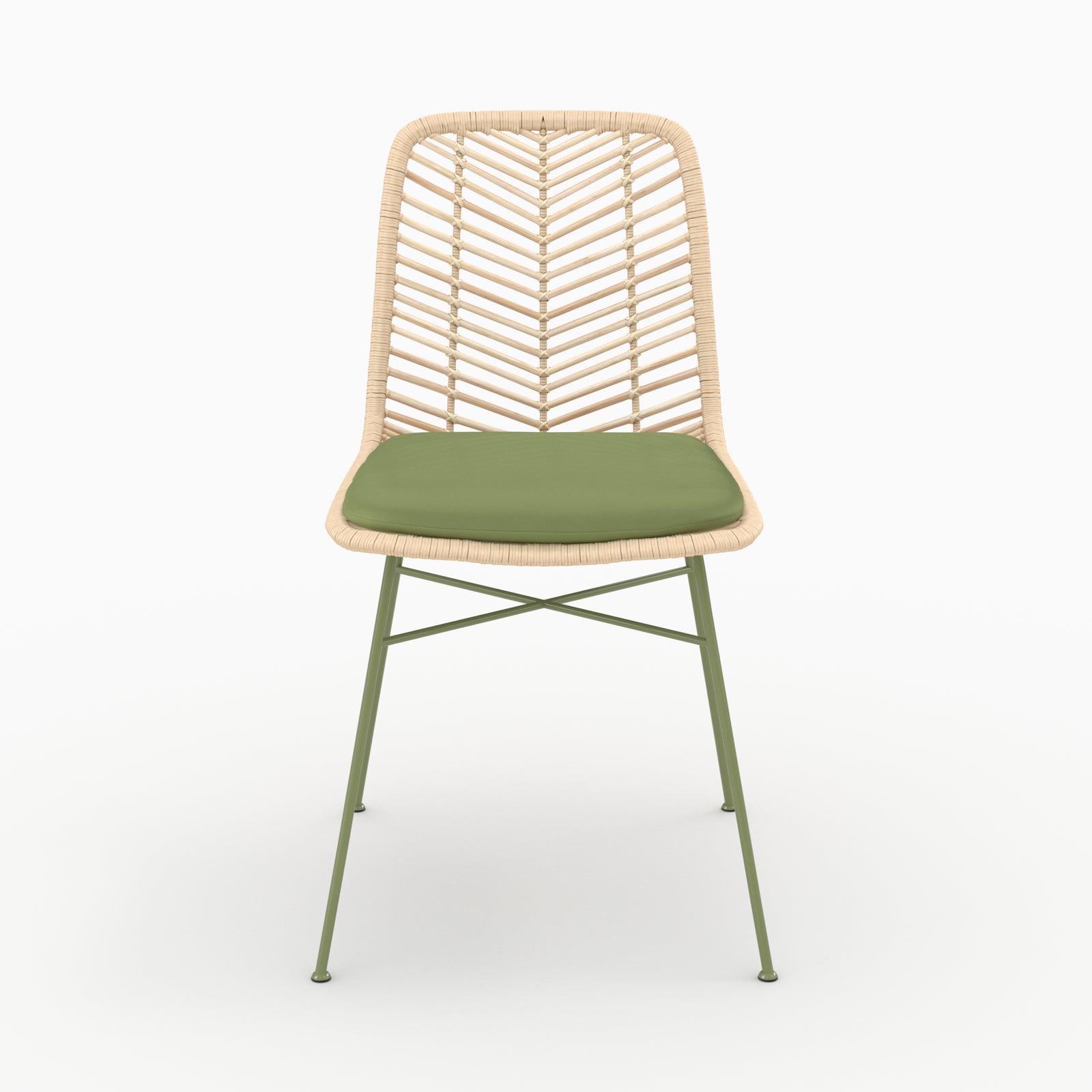 Chaise Tamara en rotin et tissu vert olive, vue de face - Maison Pavane