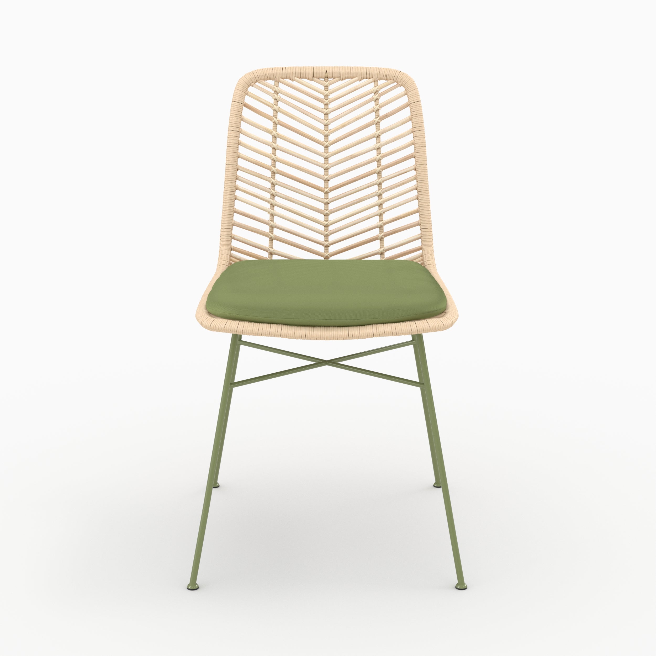Chaise Tamara en rotin et tissu vert olive, vue de face - Maison Pavane