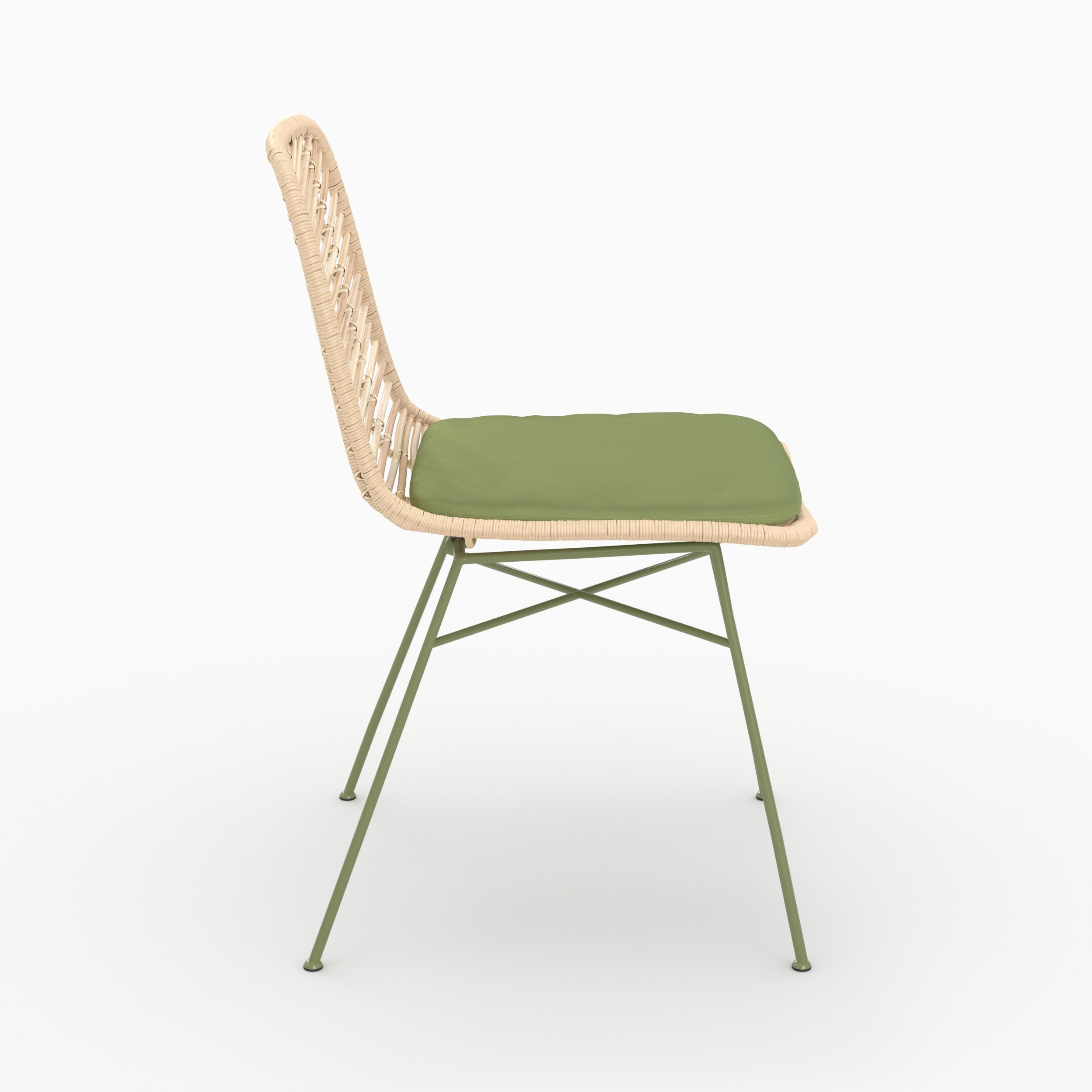 Chaise Tamara en rotin et tissu vert olive, vue de profil - Maison Pavane