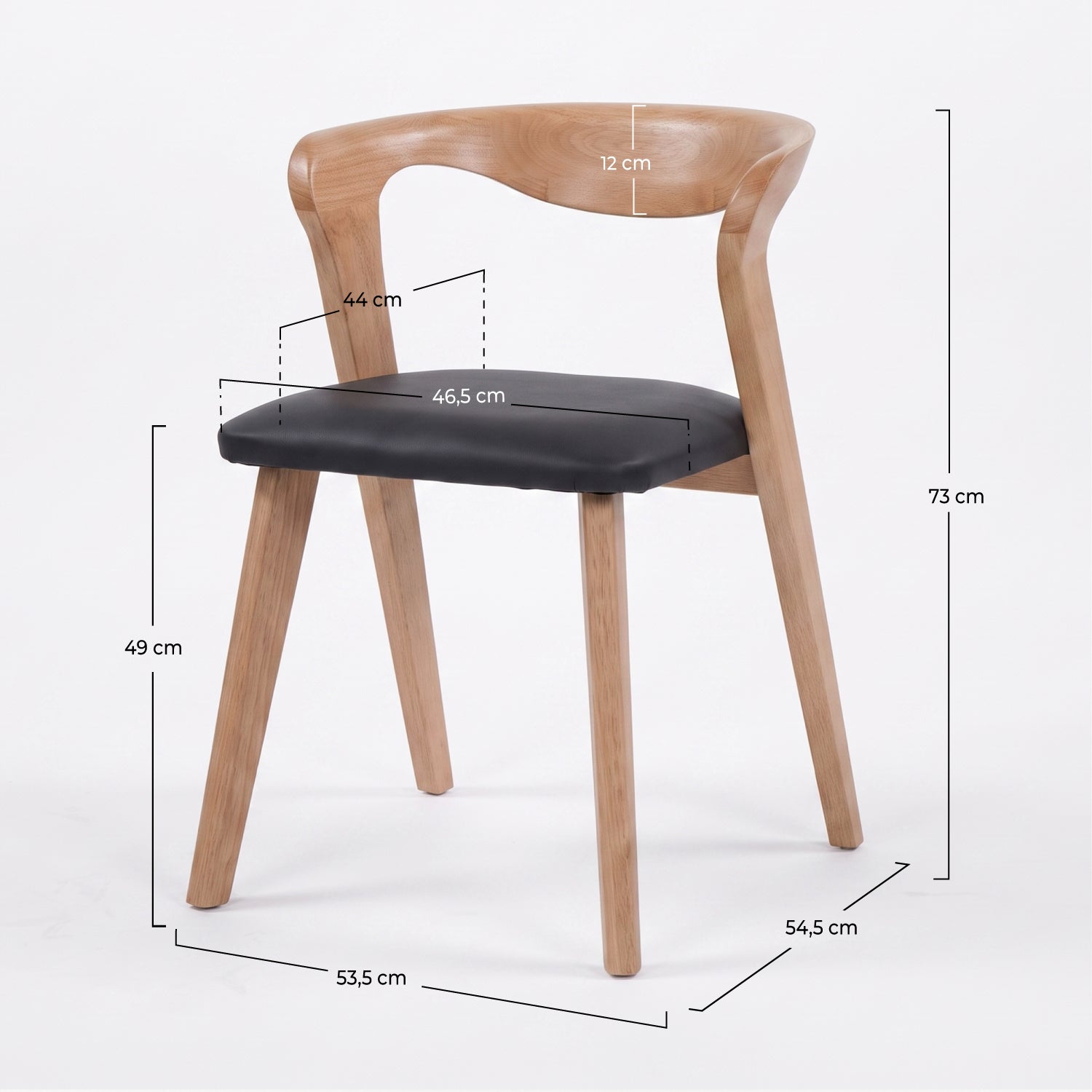 Dimensions de la chaise Vega en bois d'hévéa blond et cuir synthétique noir - Maison Pavane