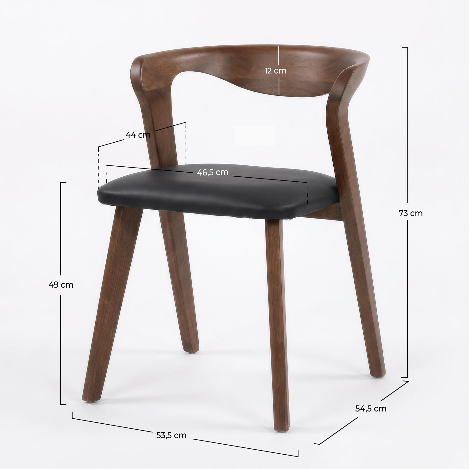Dimensions de la chaise Vega en bois d'hévéa marron et cuir synthétique noir - Maison Pavane