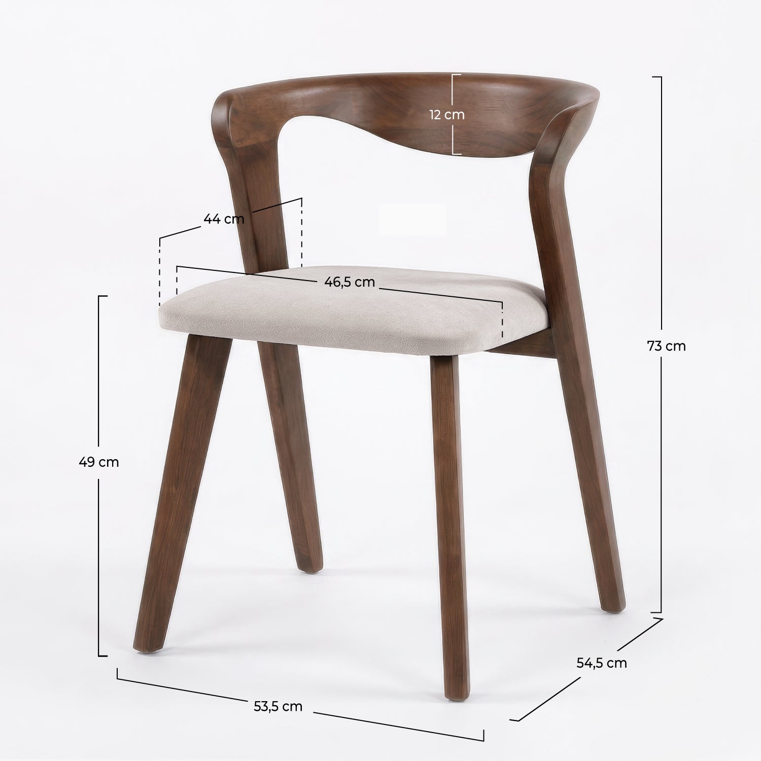 Dimensions de la chaise Vega en bois d'hévéa marron et tissu beige - Maison Pavane