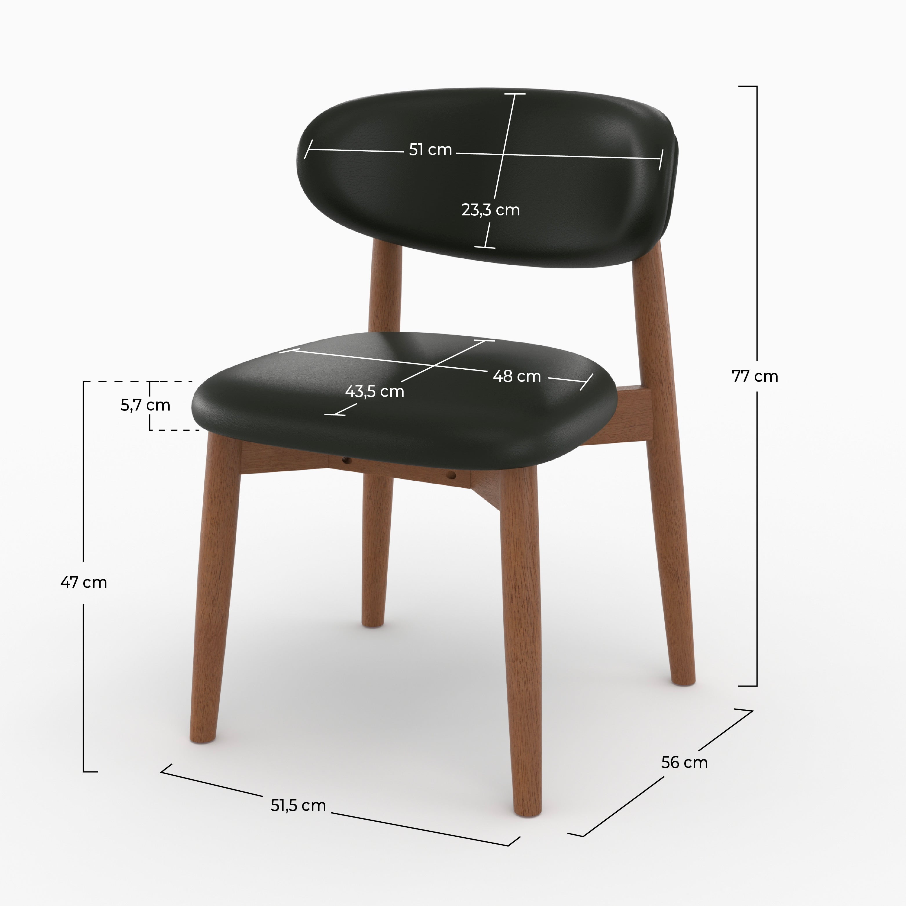 Dimensions de la chaise Yuna en cuir synthétique noir et bois foncé - Maison Pavane