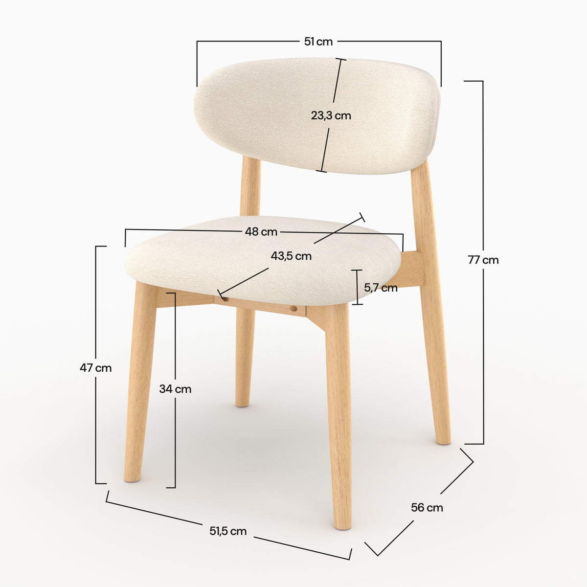 Dimensions de la chaise Yuna en tissu beige et bois clair - Maison Pavane