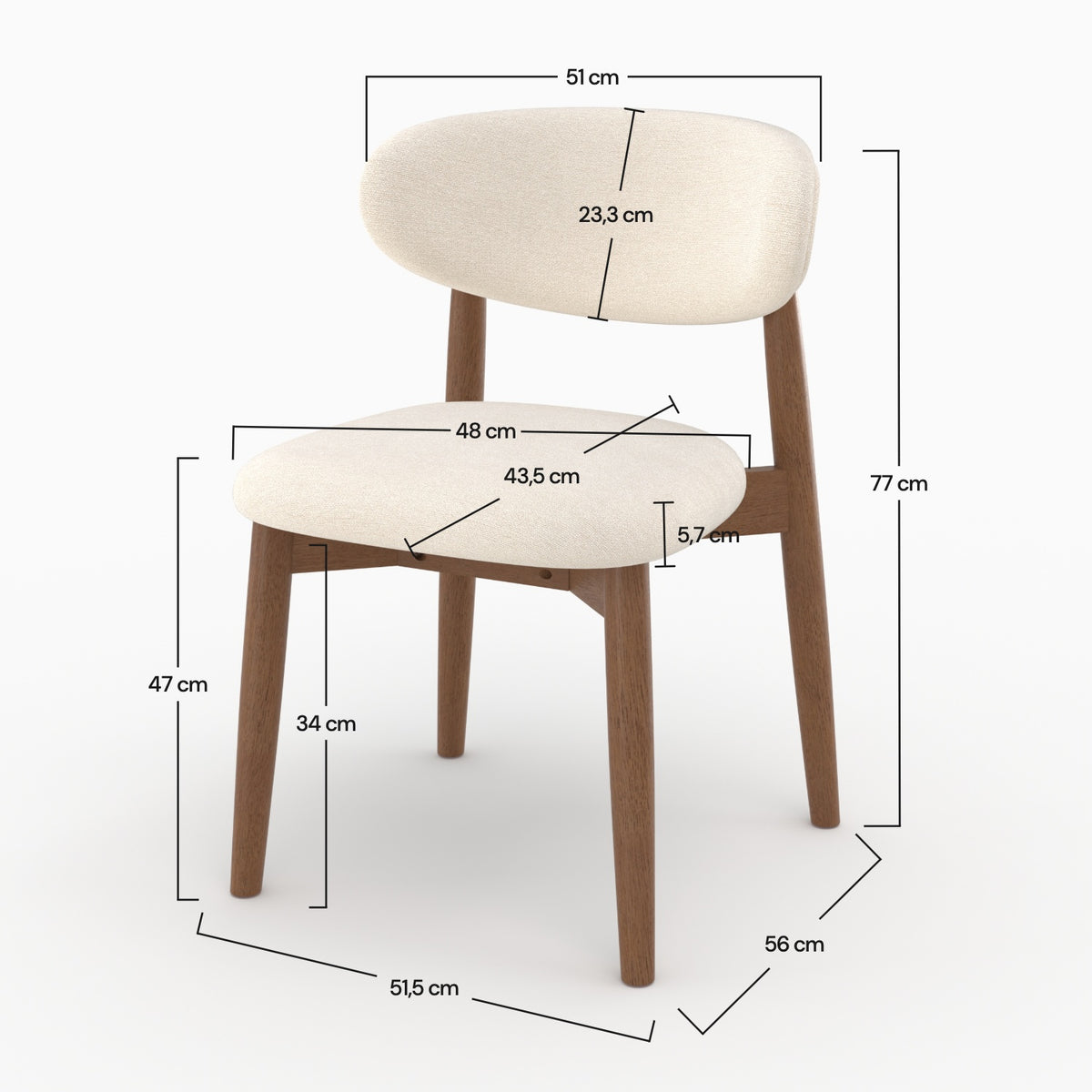 Dimensions de la chaise Yuna en tissu beige et bois foncé - Maison Pavane