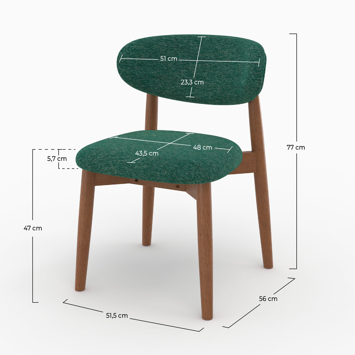 Dimensions de la chaise Yuna en tissu chiné vert sapin et bois foncé - Maison Pavane