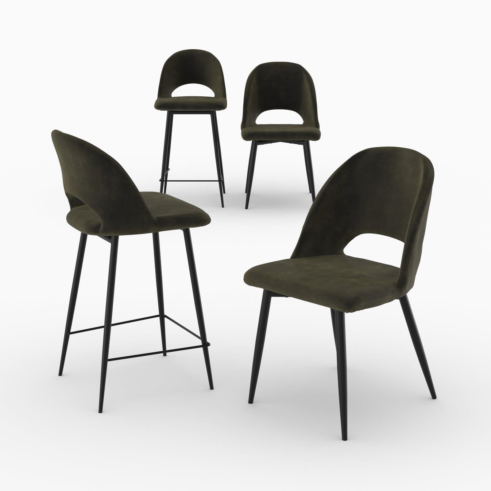 chaises tabourets penelope velours vert pack 4 pieces