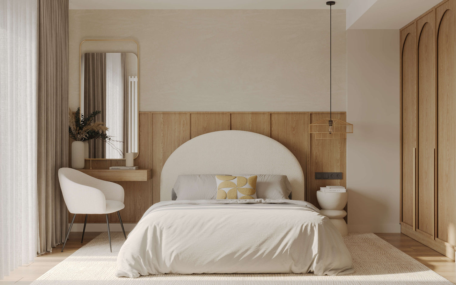Chambre cosy avec lit à tête de lit arrondie en bouclé blanc, boiseries chêne clair et lumière naturelle douce – Maison Pavane