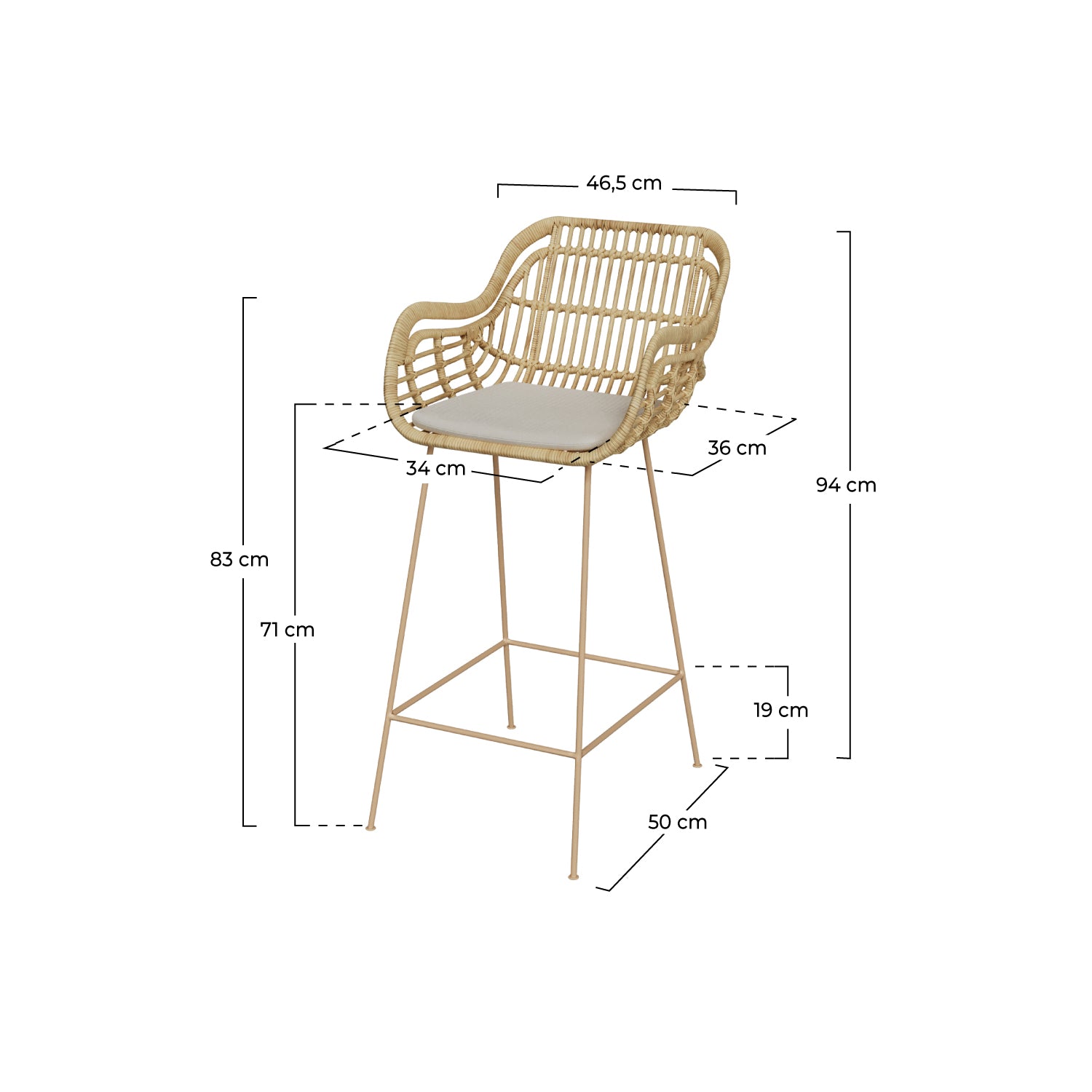 chiloe chaise de bar en rotin coussin et pieds beige