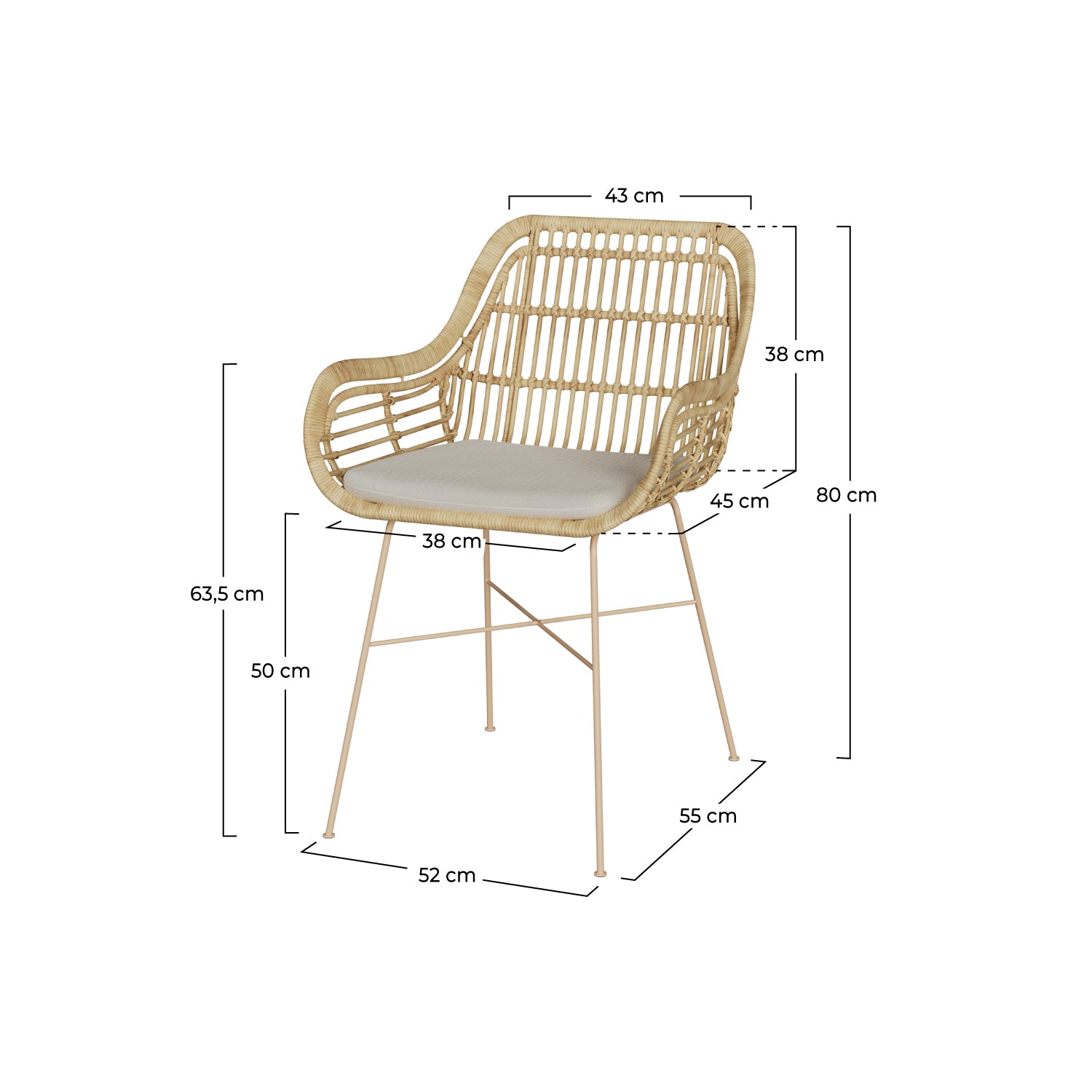 chiloe sedia in rattan con gambe in metallo beige cuscino in tessuto