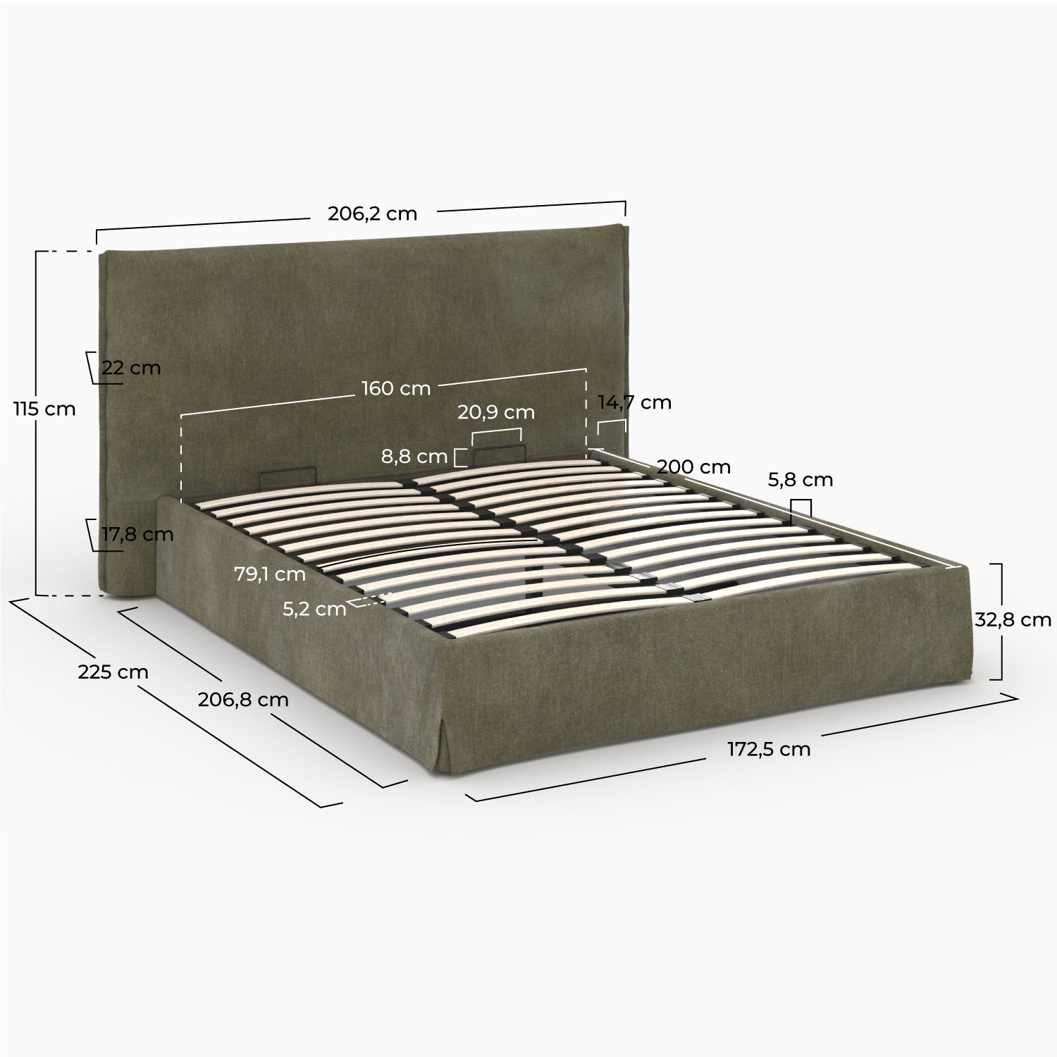 Coffre lit double tissu vert olive 160x200cm Safia