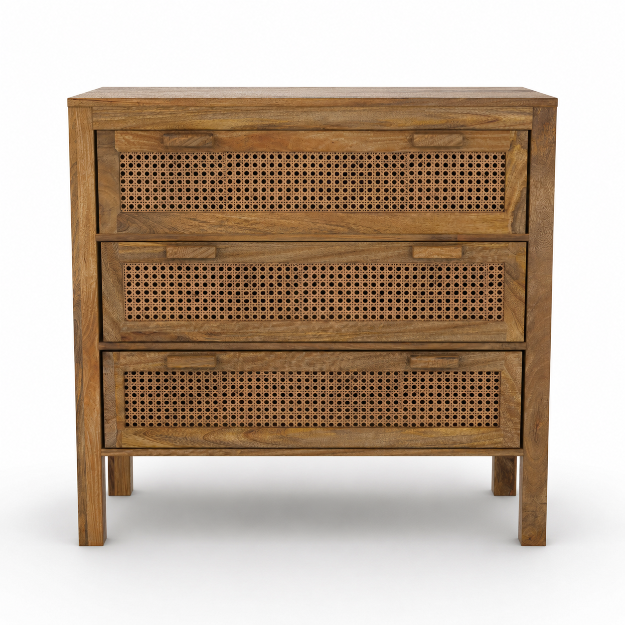 Commode cannage 3 tiroirs Tiki manguier rotin naturel vue face – Maison Pavane