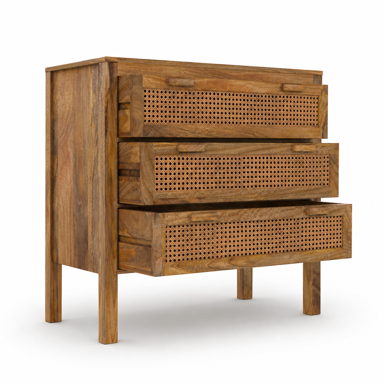 Commode cannage 3 tiroirs Tiki tiroirs ouverts rotin naturel trois quarts – Maison Pavane
