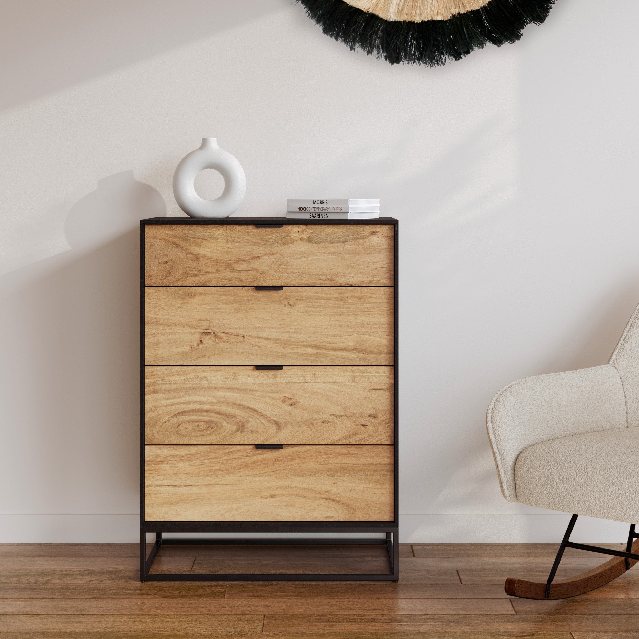 commode jeckson bois acacia tiroirs metal noir