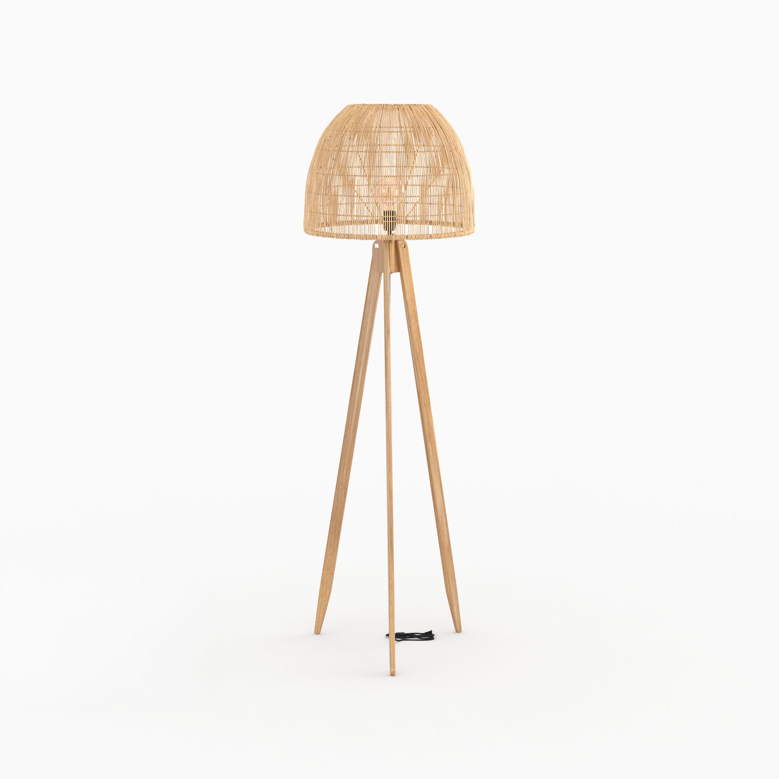 corte lampadaire en bois de teck et rotin trepied