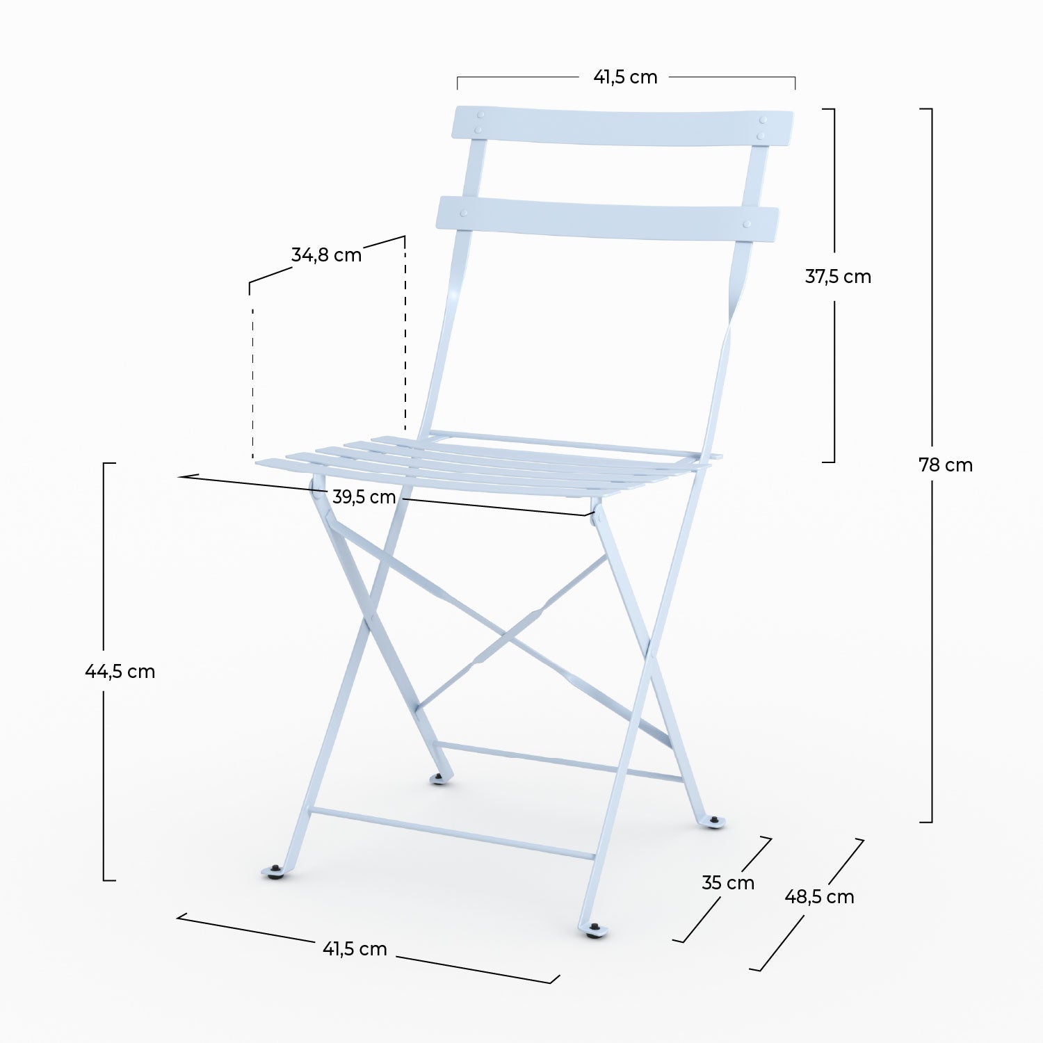 Détail matière lot de 2 chaises de jardin Kayla en métal bleu pastel pliantes