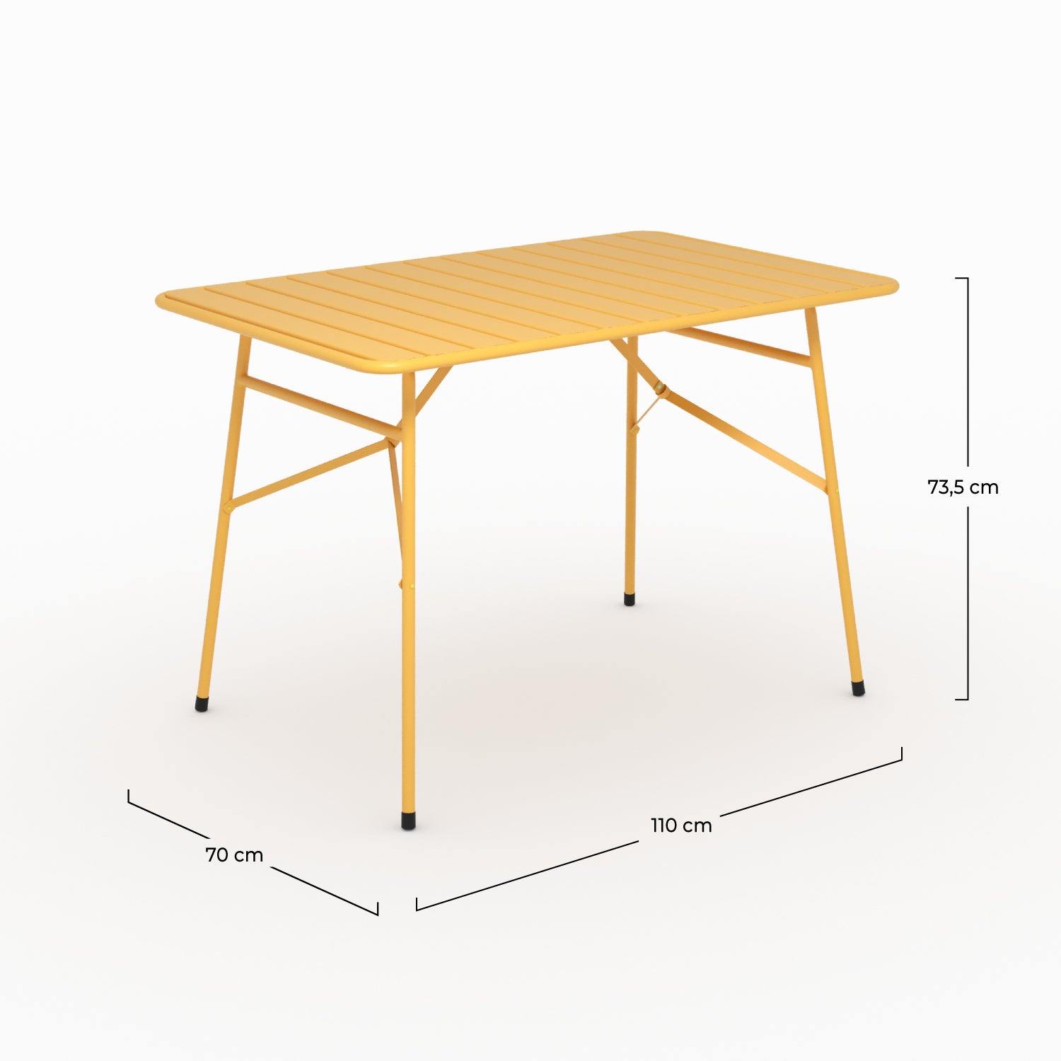 Détail matière table de jardin Yumi pliante en métal jaune beurre 4 personnes
