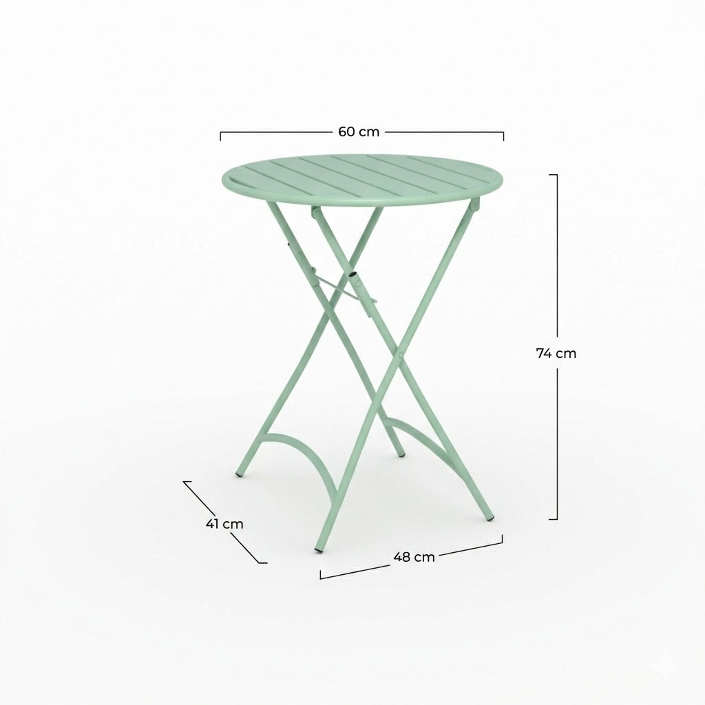 Détail matière table de jardin Yumi ronde et pliante en métal vert clair 2 personnes