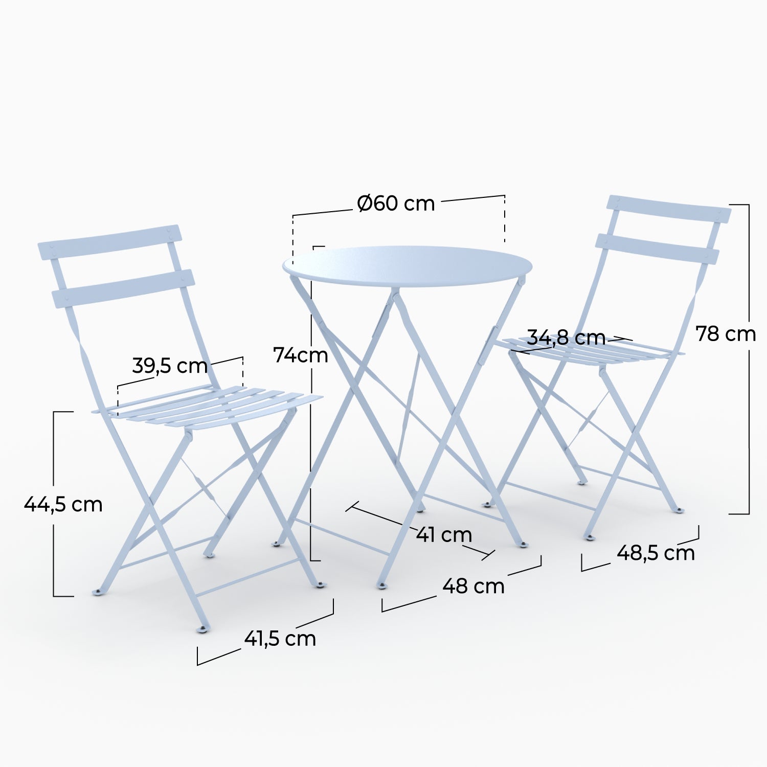 Détail matière table ronde et chaises de jardin pliantes Kayla 2 places en métal bleu
