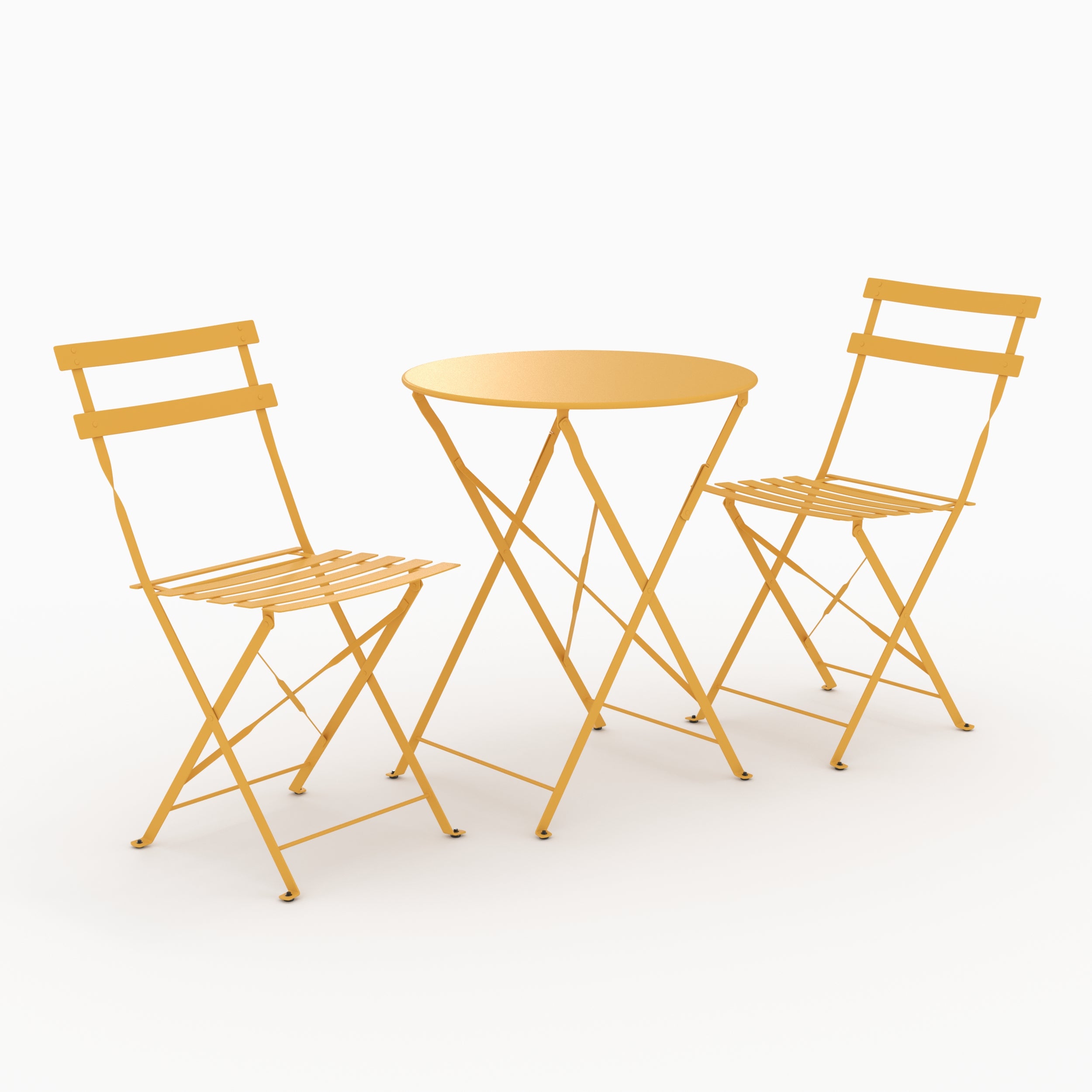 Détail matière table ronde et chaises de jardin pliantes Kayla 2 places en métal jaune