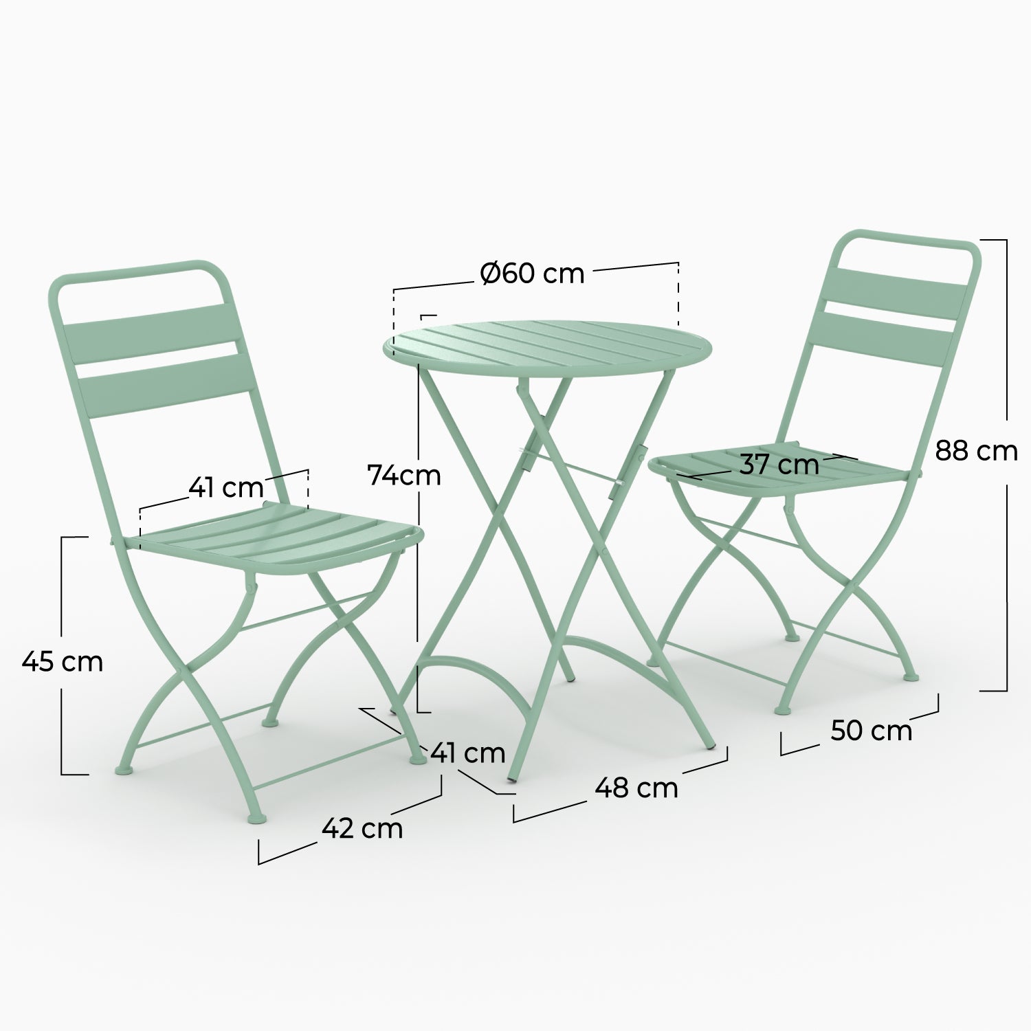 Détail matière table ronde et chaises de jardin pliantes Yumi 2 places en métal vert