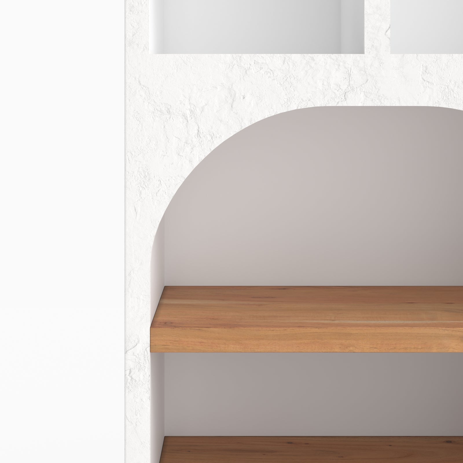 Détail niche arche grecque étagères bois acacia bibliotheque Fira blanc