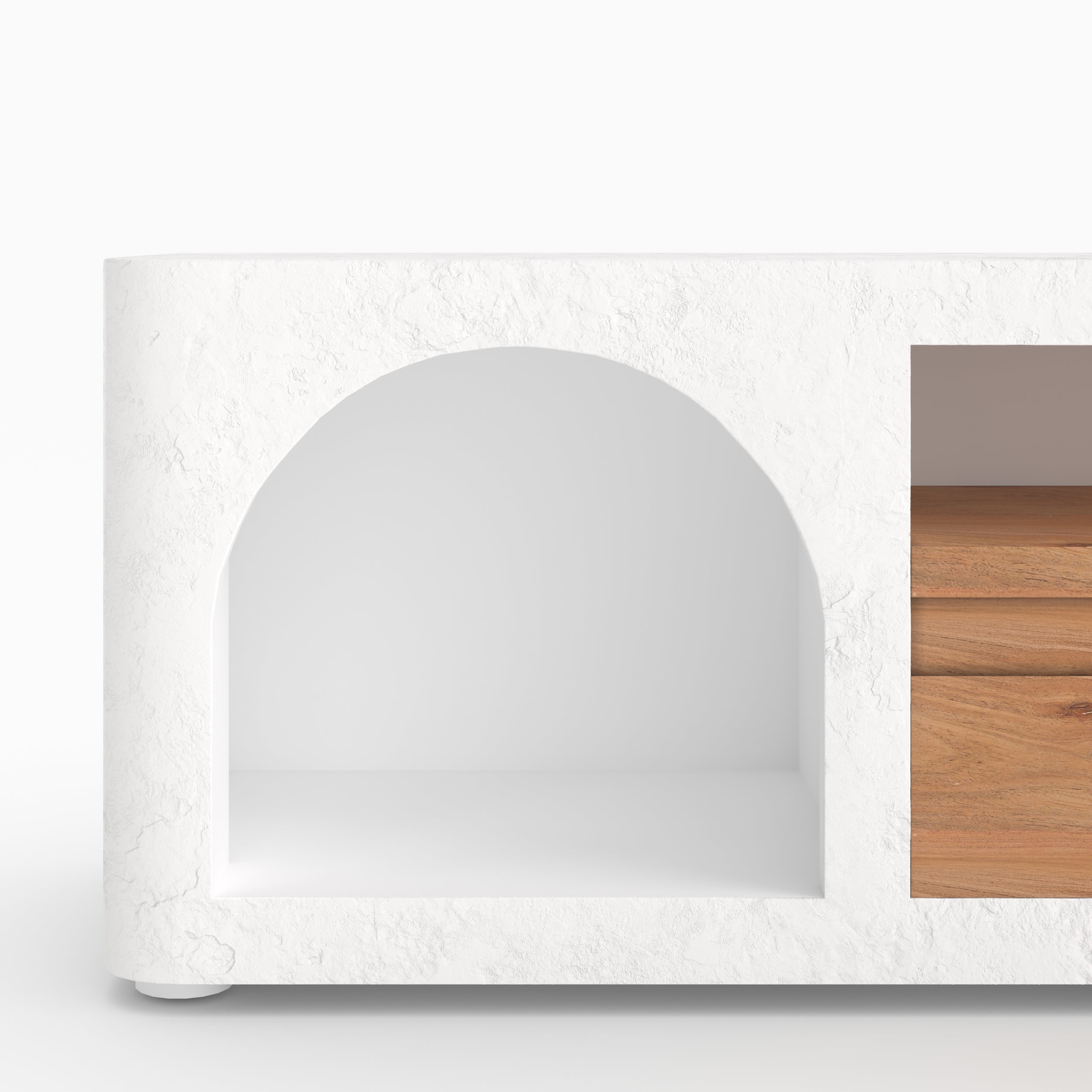Détail niche arche grecque meuble tv Fira blanc cassé plâtre