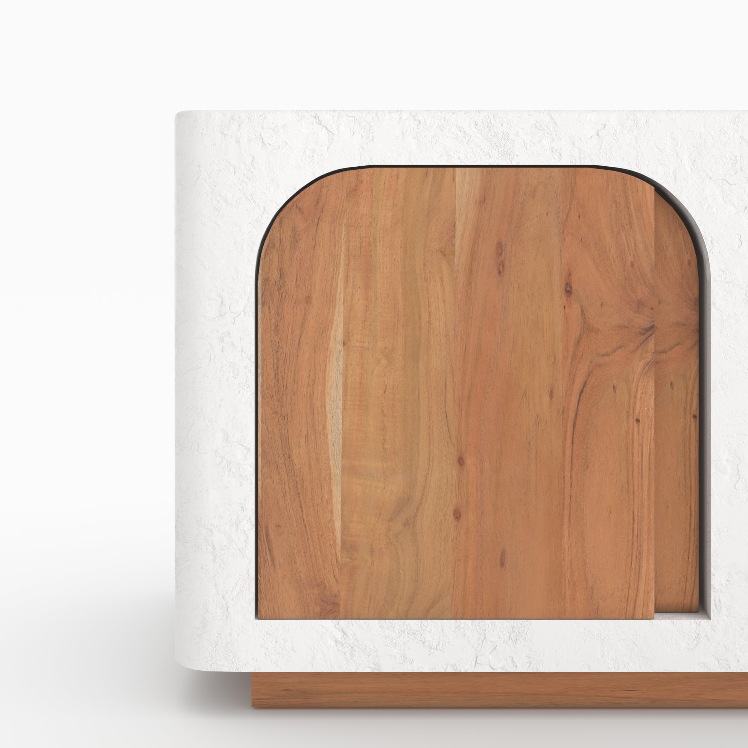 Détail porte acacia arche grecque meuble Fira blanc cassé plâtre texture