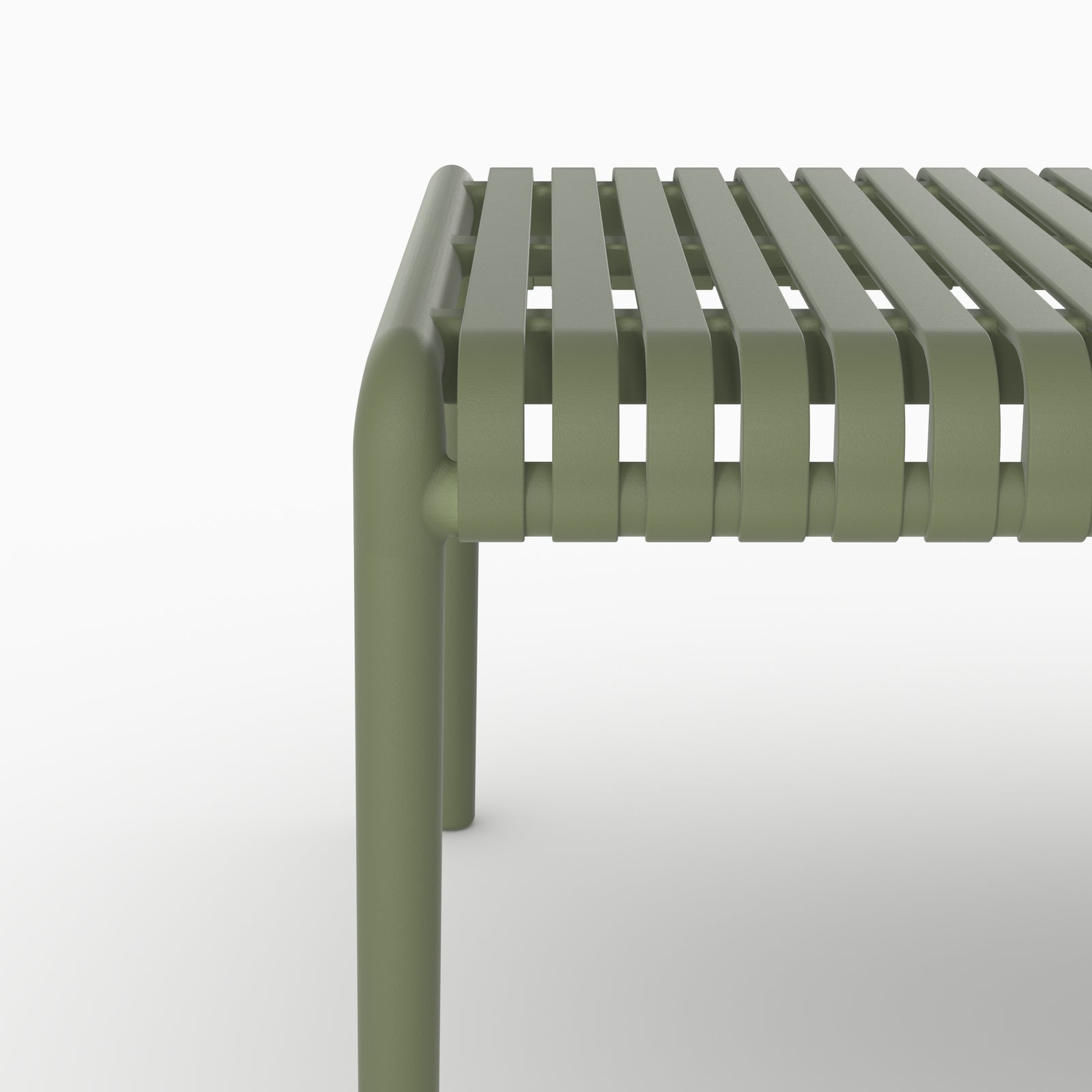 Détail table basse jardin Ivy plastique vert kaki lames