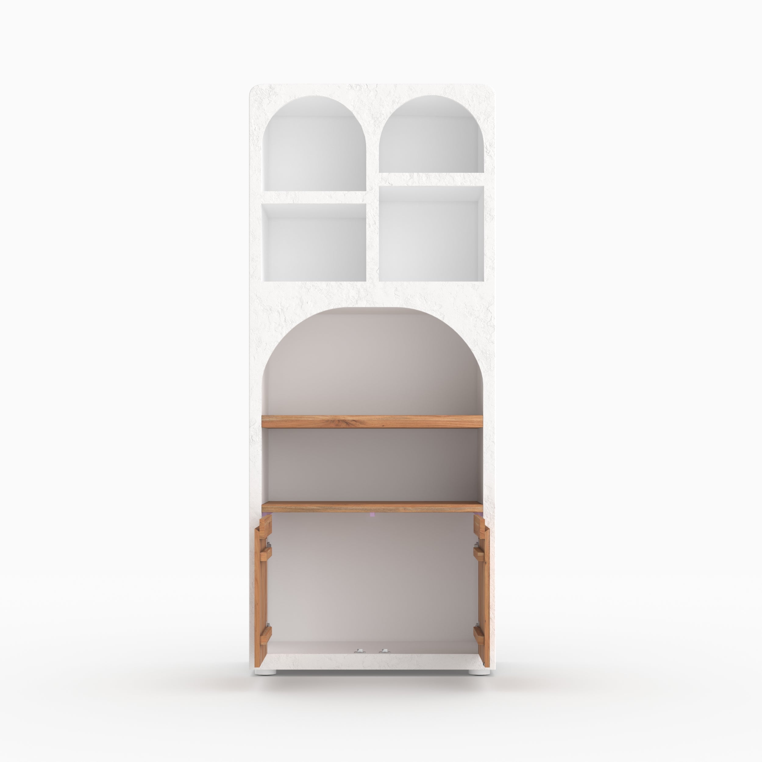 Détail tiroir ouvert bibliotheque Fira plâtre blanc cassé rangement bois