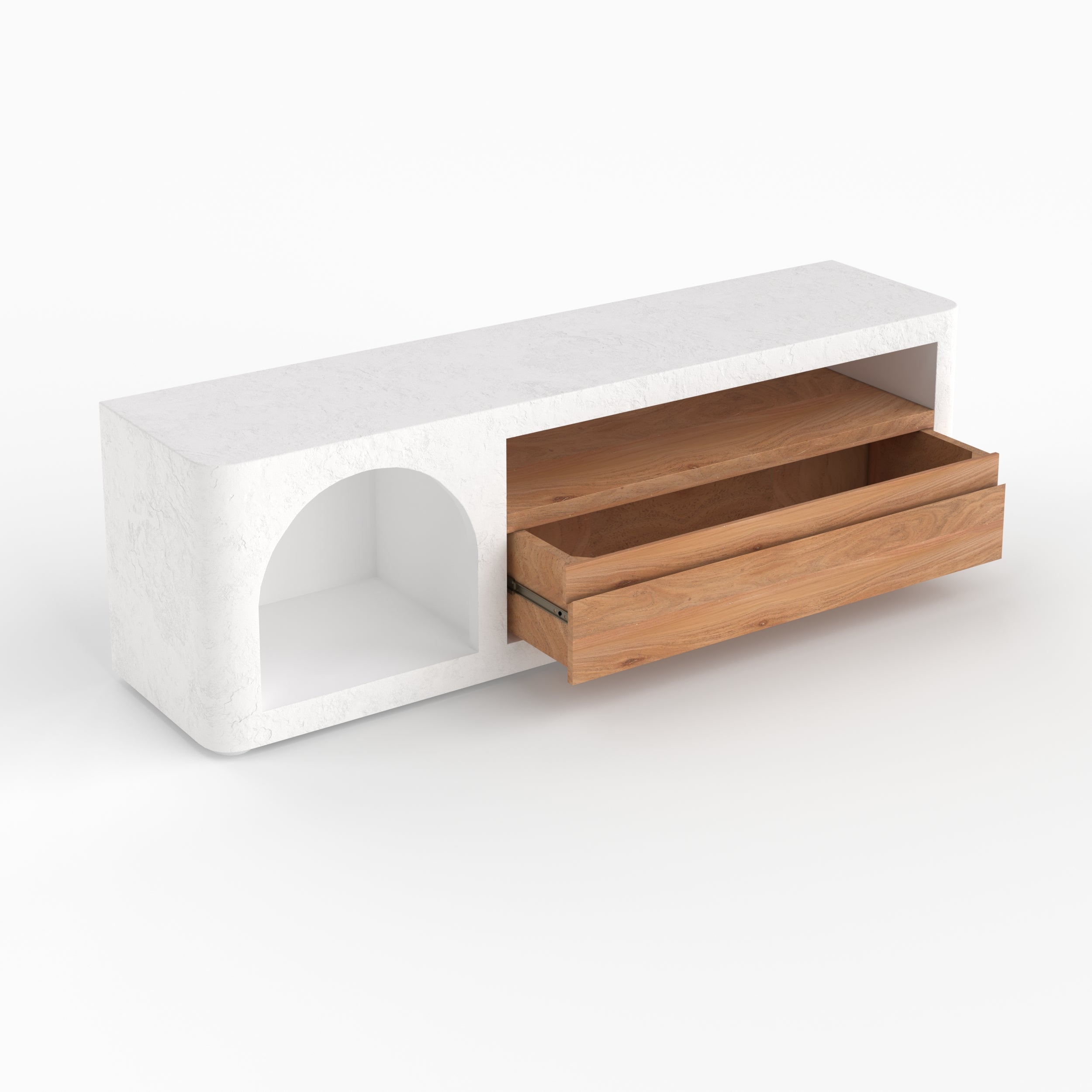 Détail tiroir ouvert meuble Fira blanc cassé plâtre rangement bois