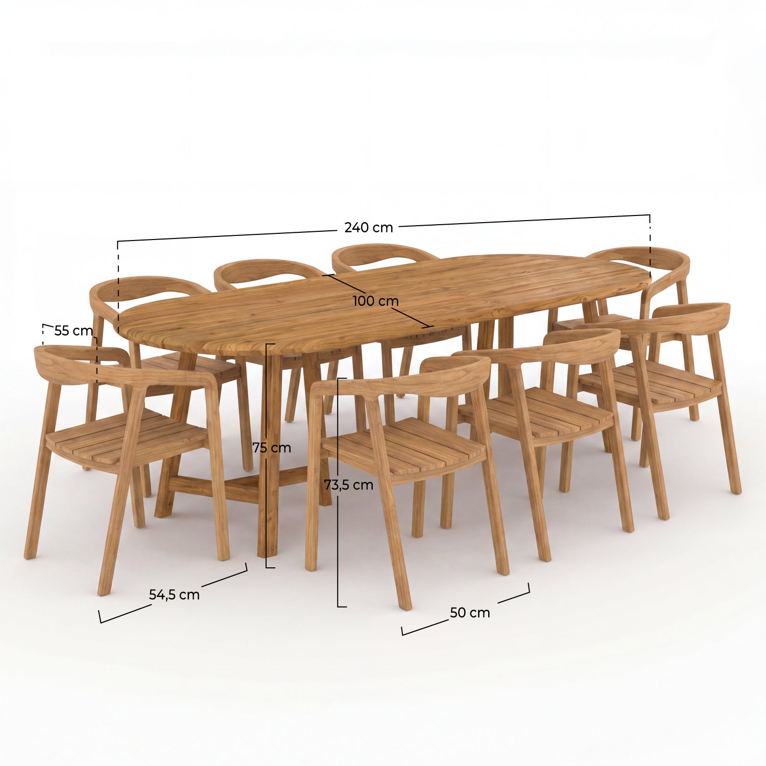 Table et chaises de jardin Bora en bois de teck recyclé, 8 personnes