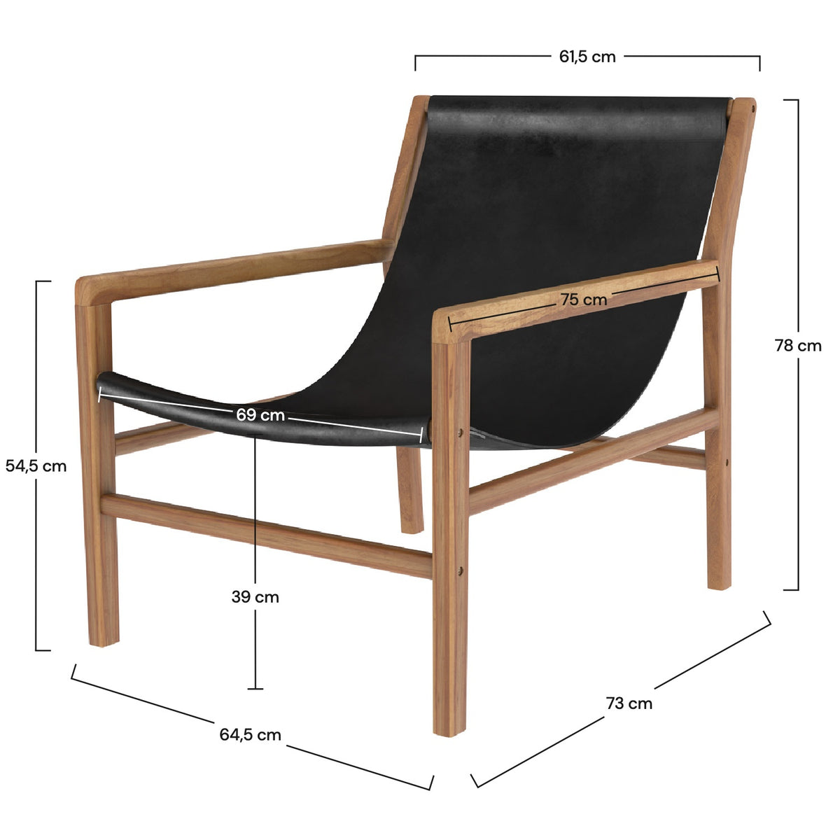 Dimension fauteuil cuir noir et bois lounge Apache – Maison Pavane
