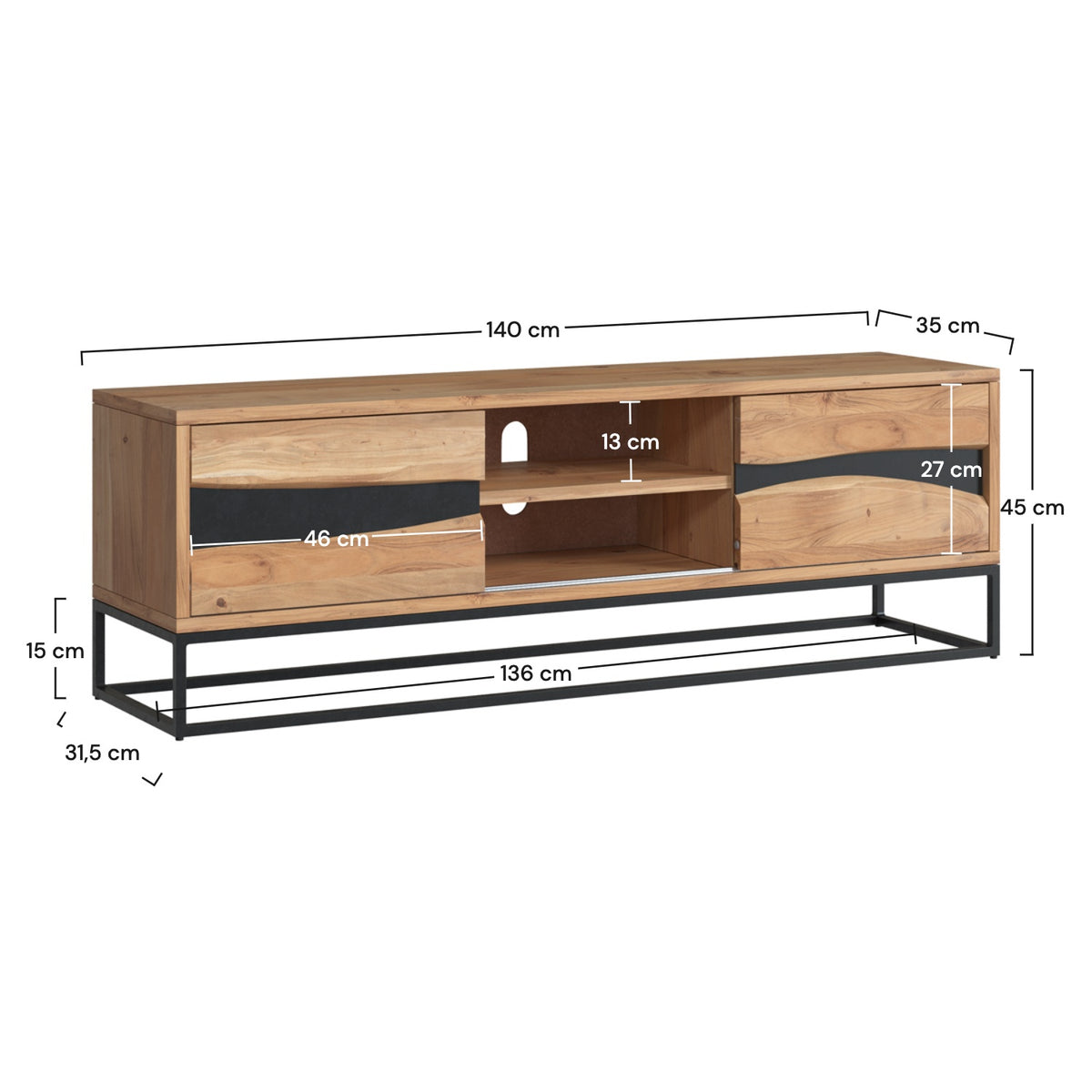 Dimensions meuble TV bois marron et noir – Maison Pavane