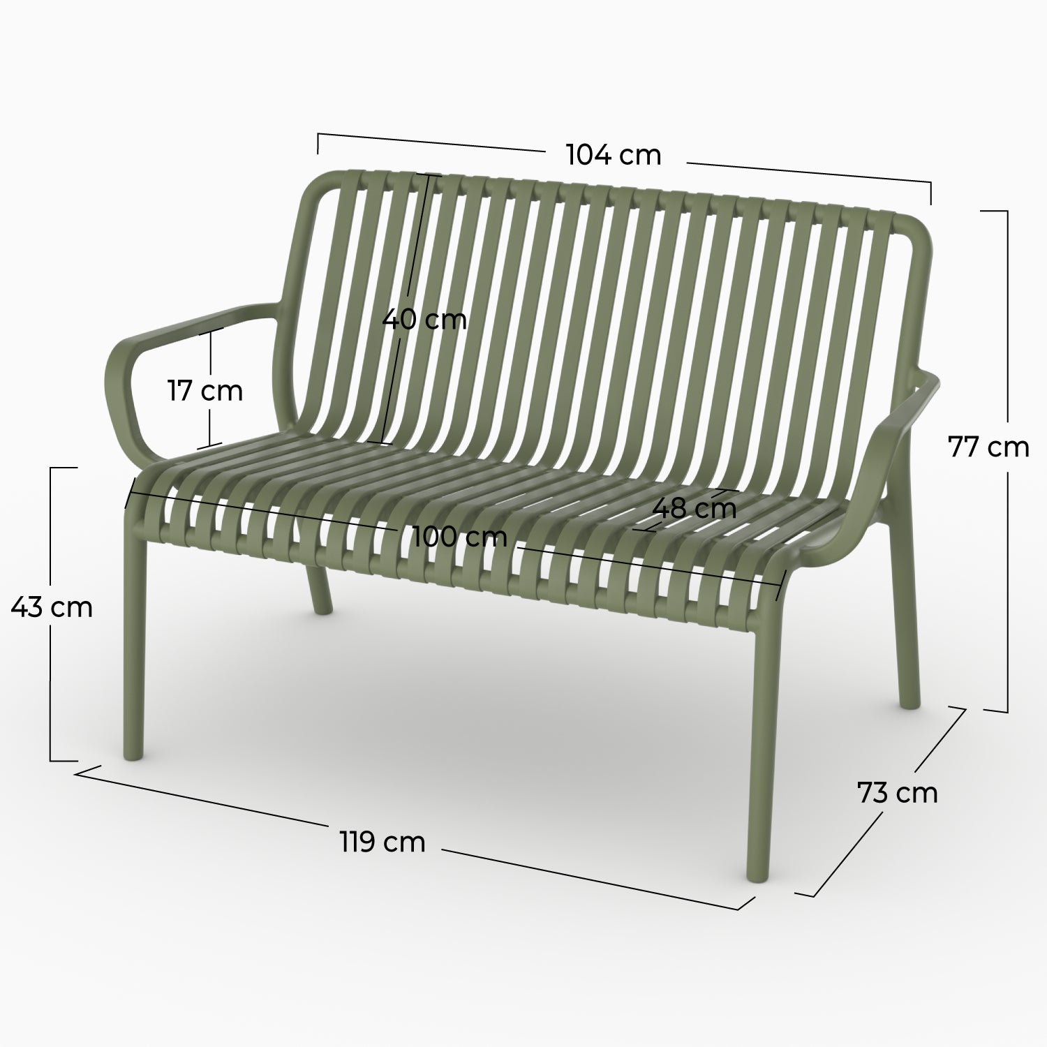 Dimensions banquette jardin Ivy plastique vert kaki