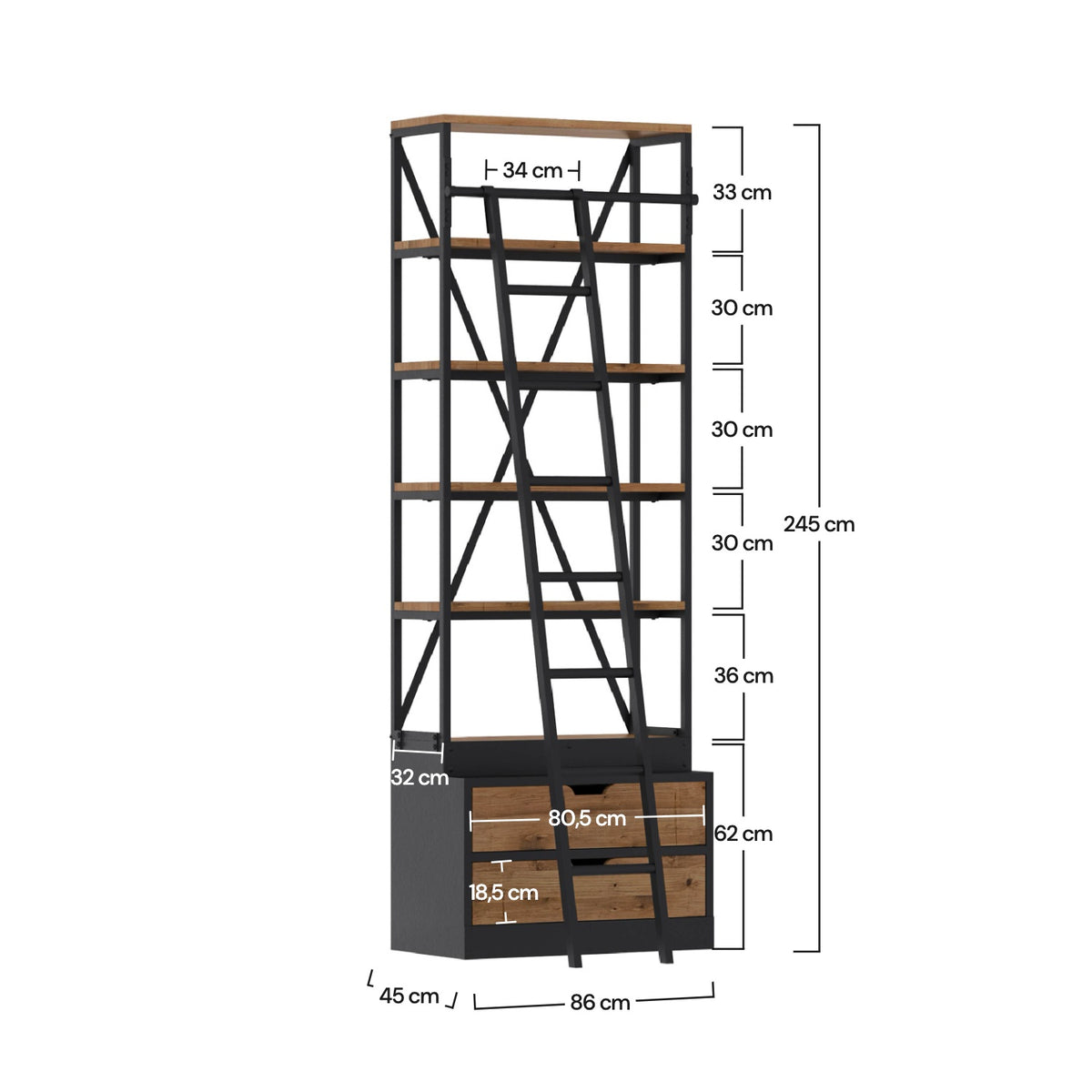 Dimensions bibliothèque en métal noir et bois – Maison Pavane