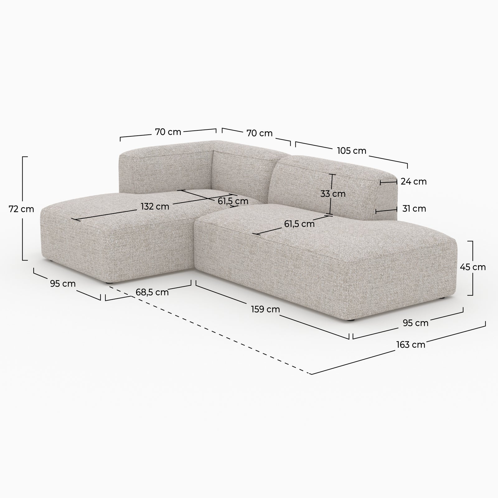 Dimensions canapé d'angle gauche Hestia tissu beige – Maison Pavane